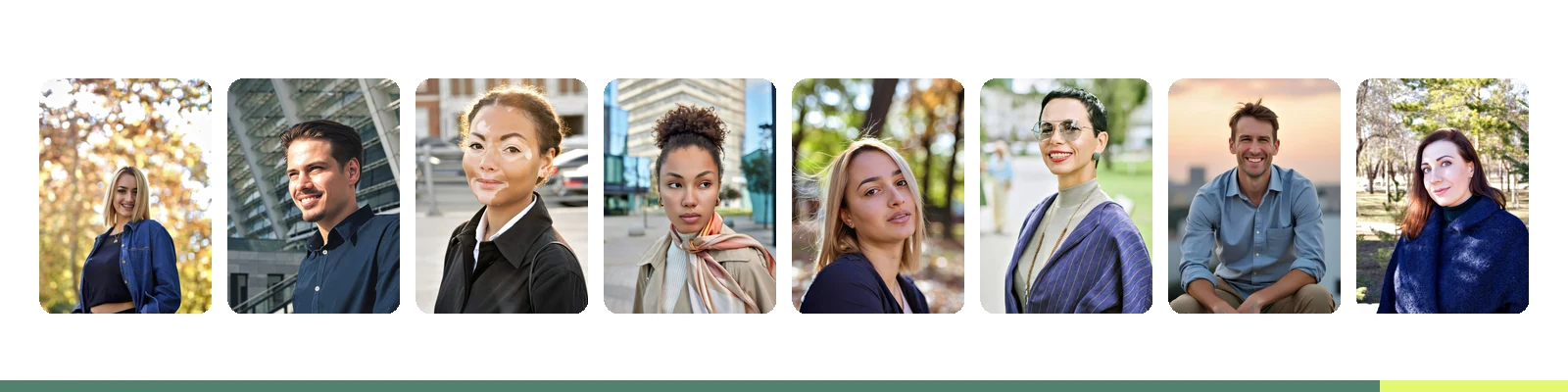 Eight modern outdoor team portraits in a horizontal row showing brand cohesion across natural light and varied outdoor backdrops