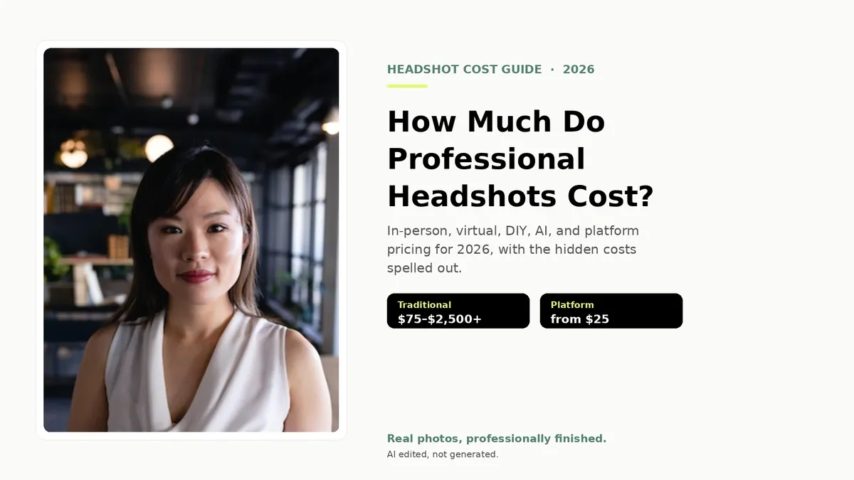 Hero image for the blog 'How Much Do Professional Headshots Cost?' showing a real Scale-enhanced headshot of a professional on the left, with the title on the right above two price chips reading 'Traditional $75 to $2,500+' and 'Platform from $25', and the tagline 'Real photos, professionally finished. AI edited, not generated.'