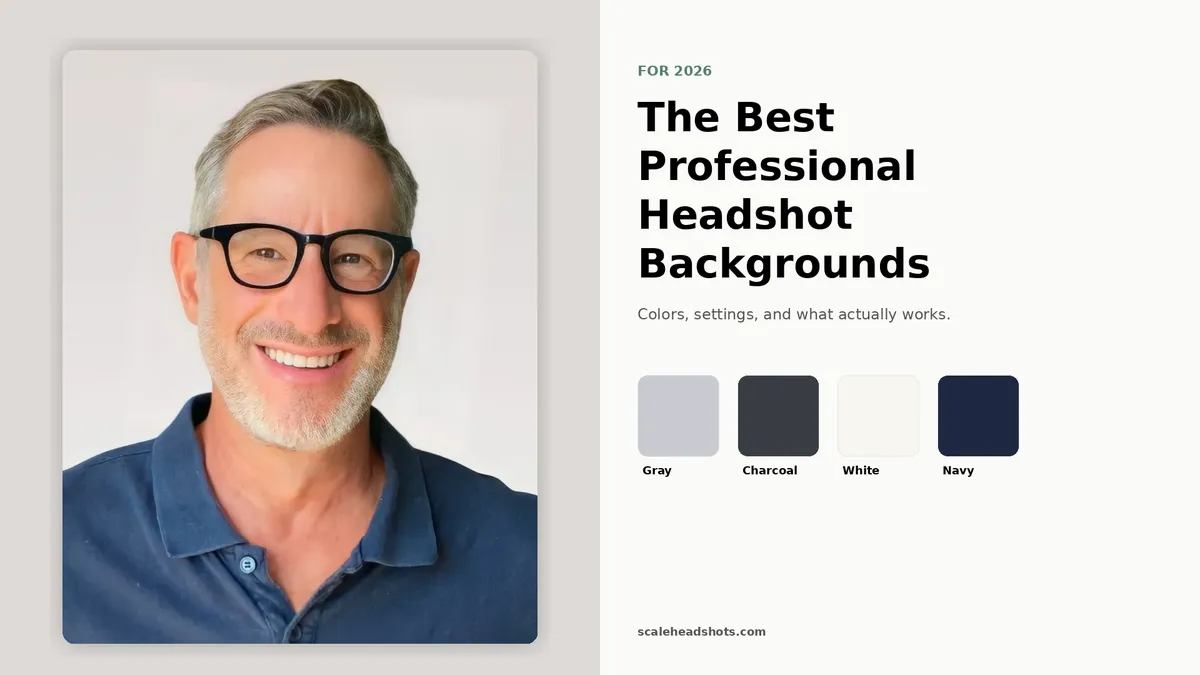 Hero image for the Best Professional Headshot Backgrounds blog showing a real Scale-enhanced headshot of a professional man in a checked button-down on the left, with the title 'The Best Professional Headshot Backgrounds' and four color swatches (gray, charcoal, white, navy) on the right.