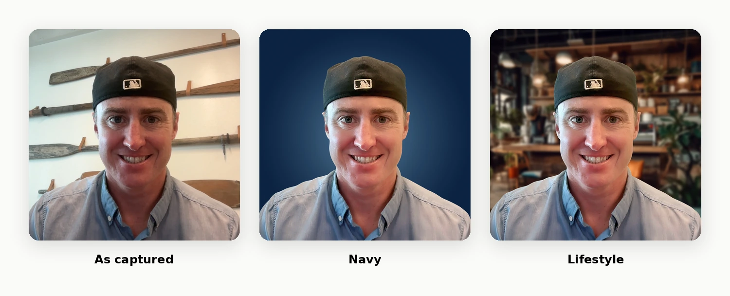 Three square crops of the same person side by side on a light background, labelled 'As captured', 'Navy' and 'Lifestyle'. The framing, pose and face are identical in all three; only the background and lighting change, from the original room to a navy studio backdrop to a warm lifestyle setting.