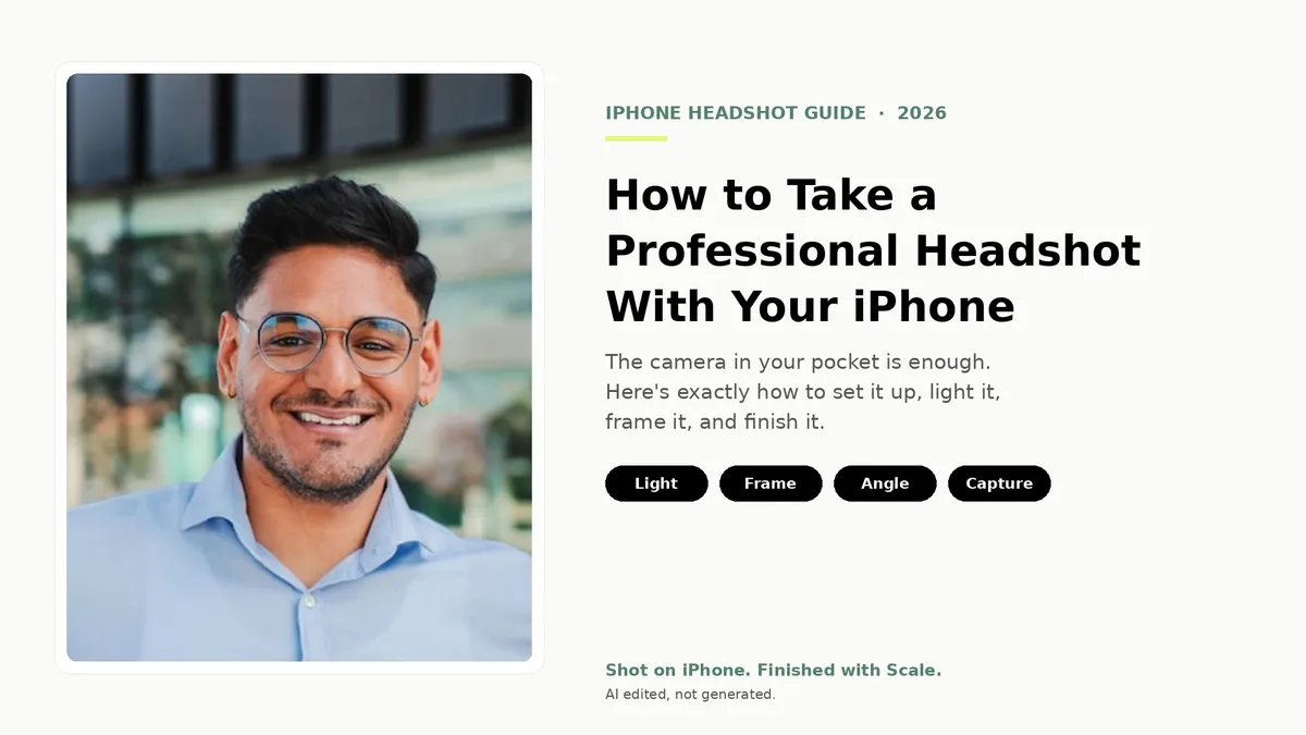 Hero image for the blog 'How to Take a Professional Headshot With Your iPhone' showing a real Scale-enhanced headshot of a professional man on the left, with the title on the right above four principle chips (Light, Frame, Angle, Capture) and the tagline 'Shot on iPhone. Finished with Scale. AI edited, not generated.'