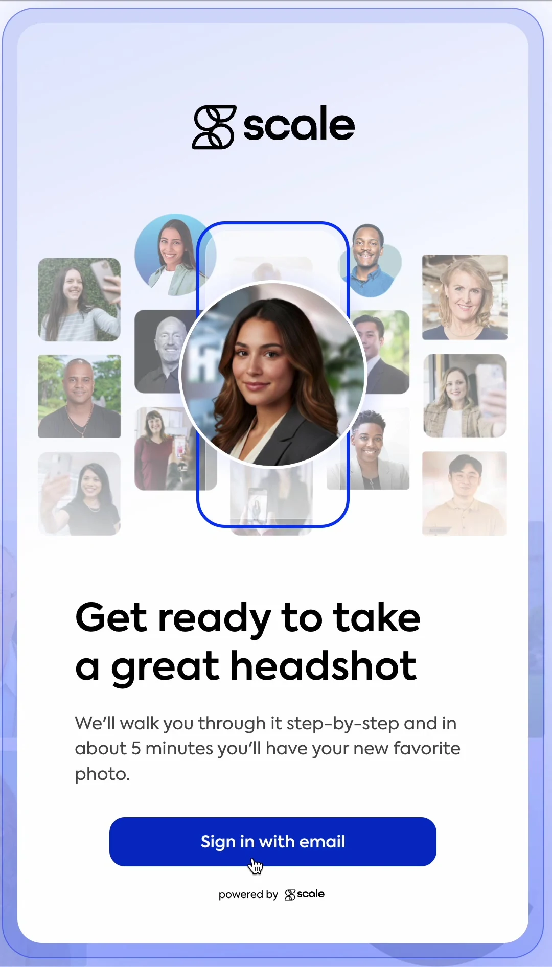 The Studio 2 welcome screen on a phone, the first thing an invited person sees: a short intro to the headshot session above a blue primary button to begin.