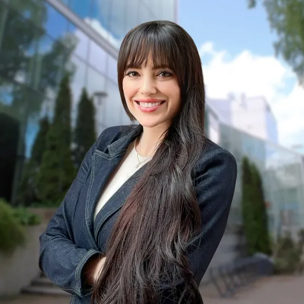 Medical headshot example: placement mockup, real photo enhanced by AI