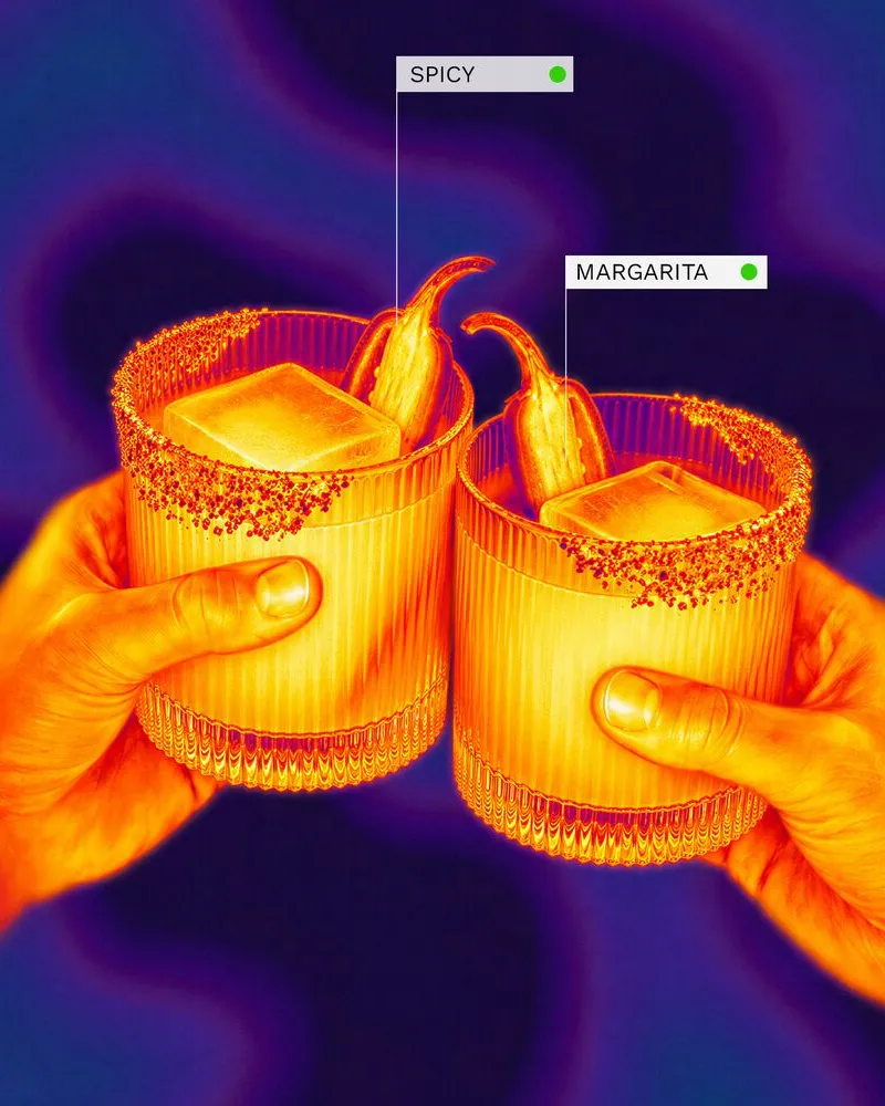 Two spice-rim margarita cocktails with chilli garnish clink together, shown in a thermal-style colour gradient with heat scale.