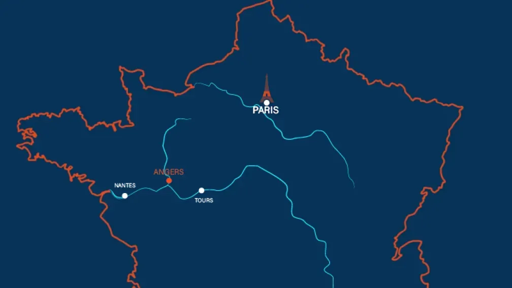 Illustrated map of France showing Angers, Paris, Tours and Nantes