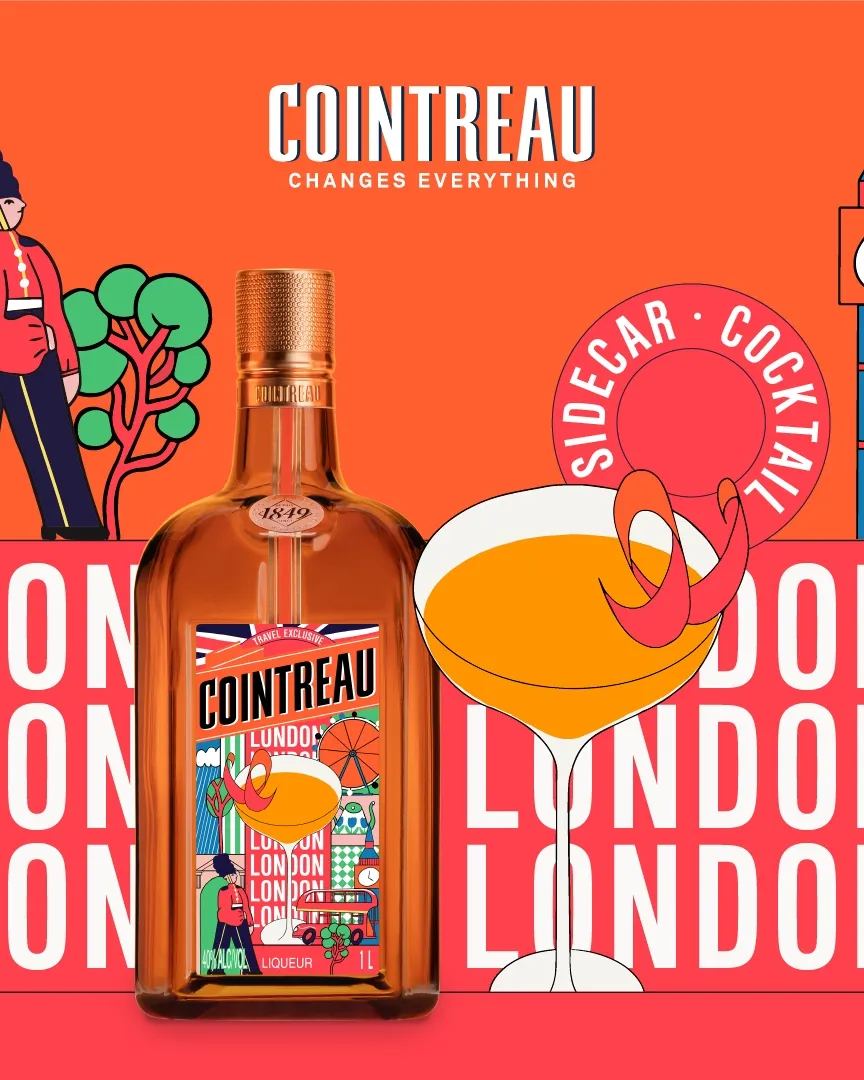Cointreau bottle with a cocktail glass, framed by London-themed illustrations such as Big Ben and a guard, with repeated “London” text.