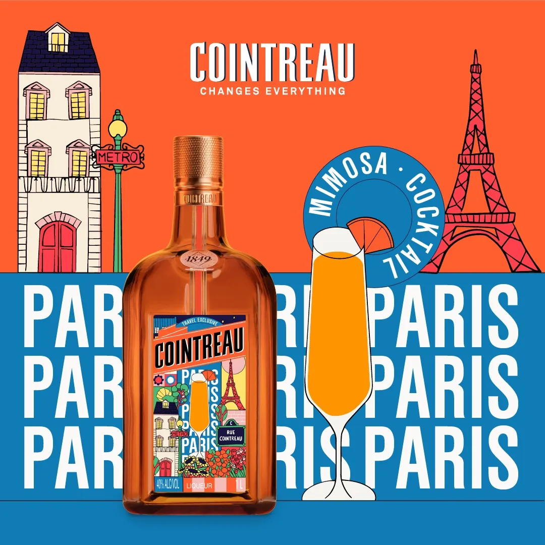 Cointreau bottle beside a mimosa-style cocktail, set against Paris-themed illustrations including the Eiffel Tower and buildings, with “Paris” text in the background.