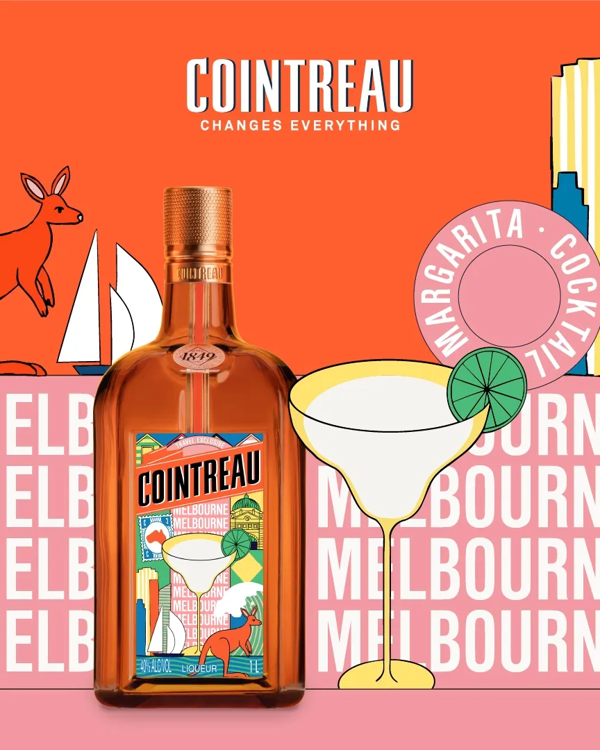 Cointreau bottle with a cocktail glass, framed by Melbourne-themed graphics including a kangaroo and city skyline, with repeated “Melbourne” text.