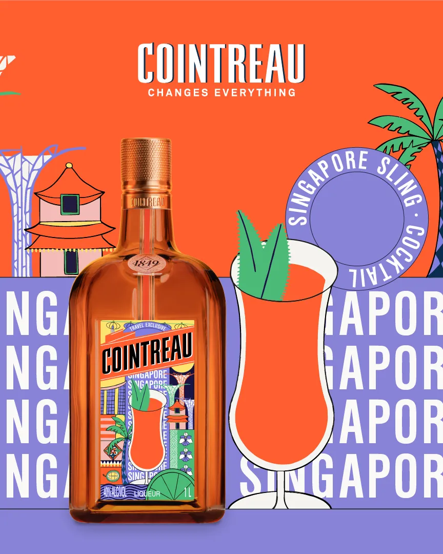 Colorful illustration of a Cointreau Key Cities Limited Edition Singapore and a Singapore Sling cocktail