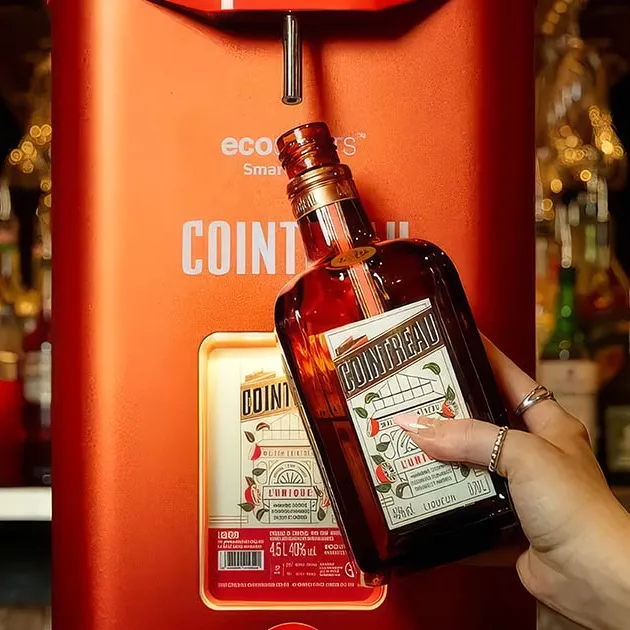 A Cointreau bottle being refilled with a ecoSPIRITS system