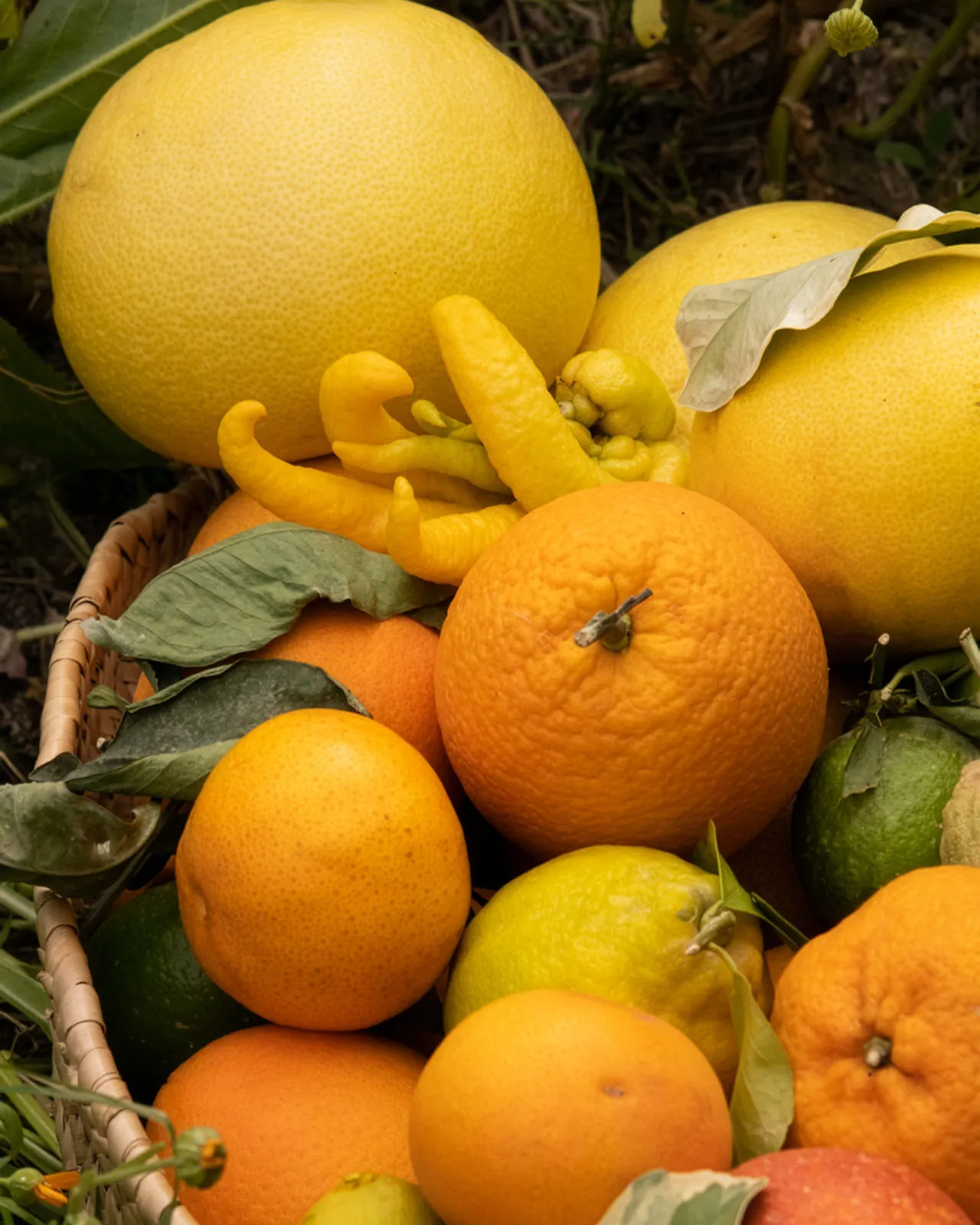 A basket with a variety of citrus fruits