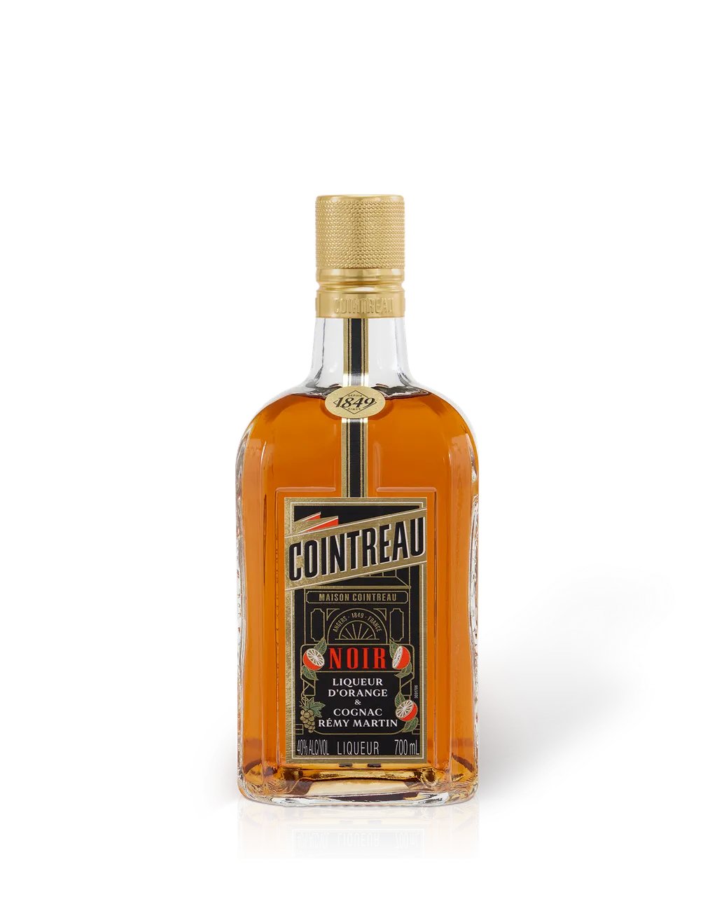 Cointreau Noir orange liqueur bottle, amber glass with golden cap and white label, 700 ml product shot on white background.