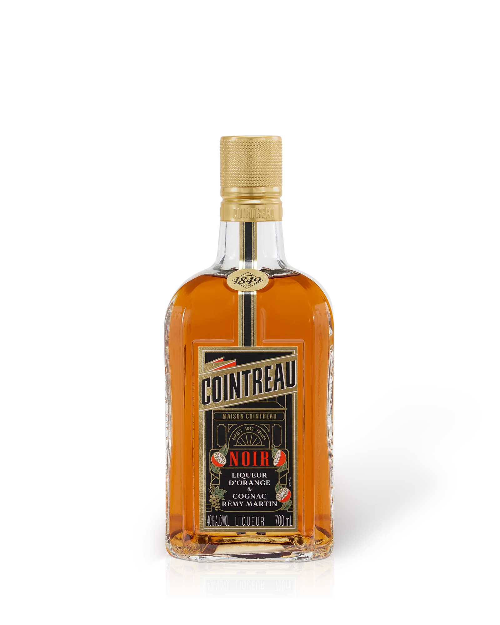 Cointreau Noir orange liqueur bottle, amber glass with golden cap and white label, 700 ml product shot on white background.