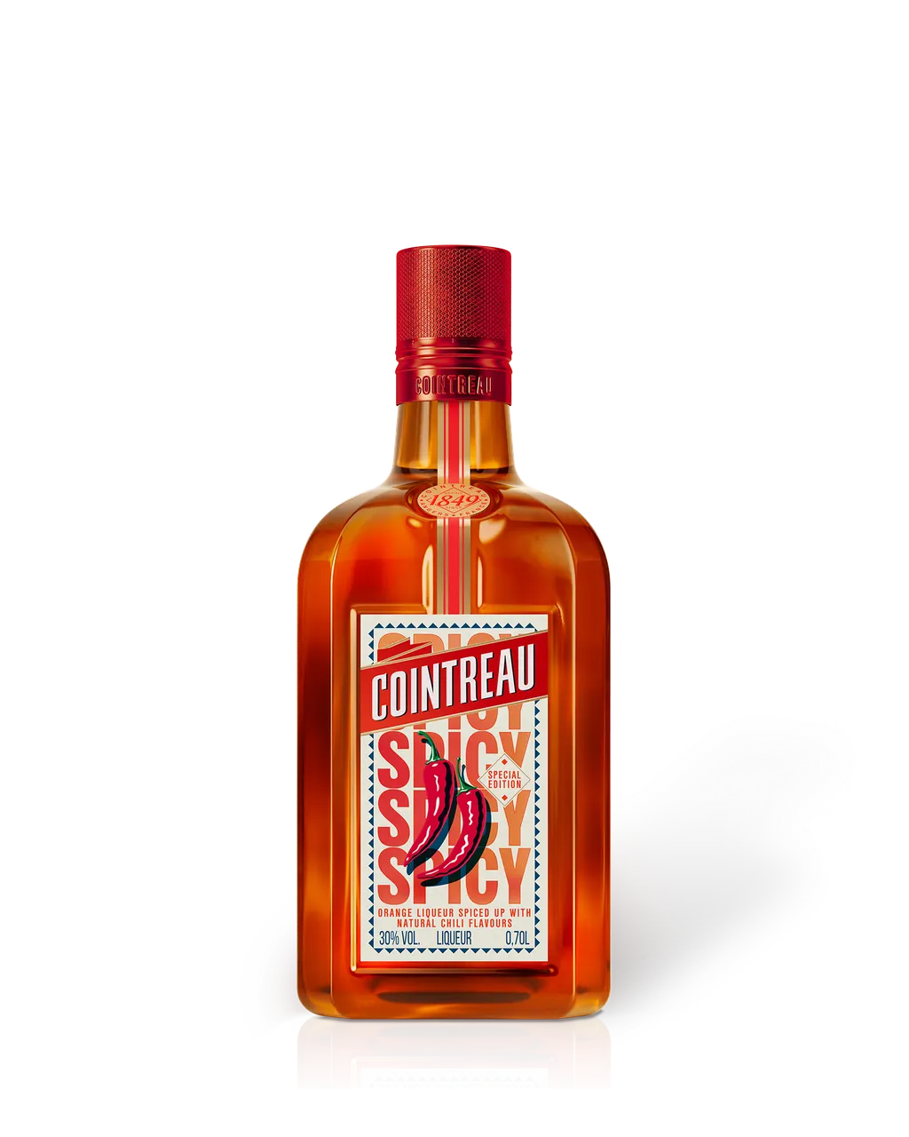 A bottle of Cointreau Spicy on a white background