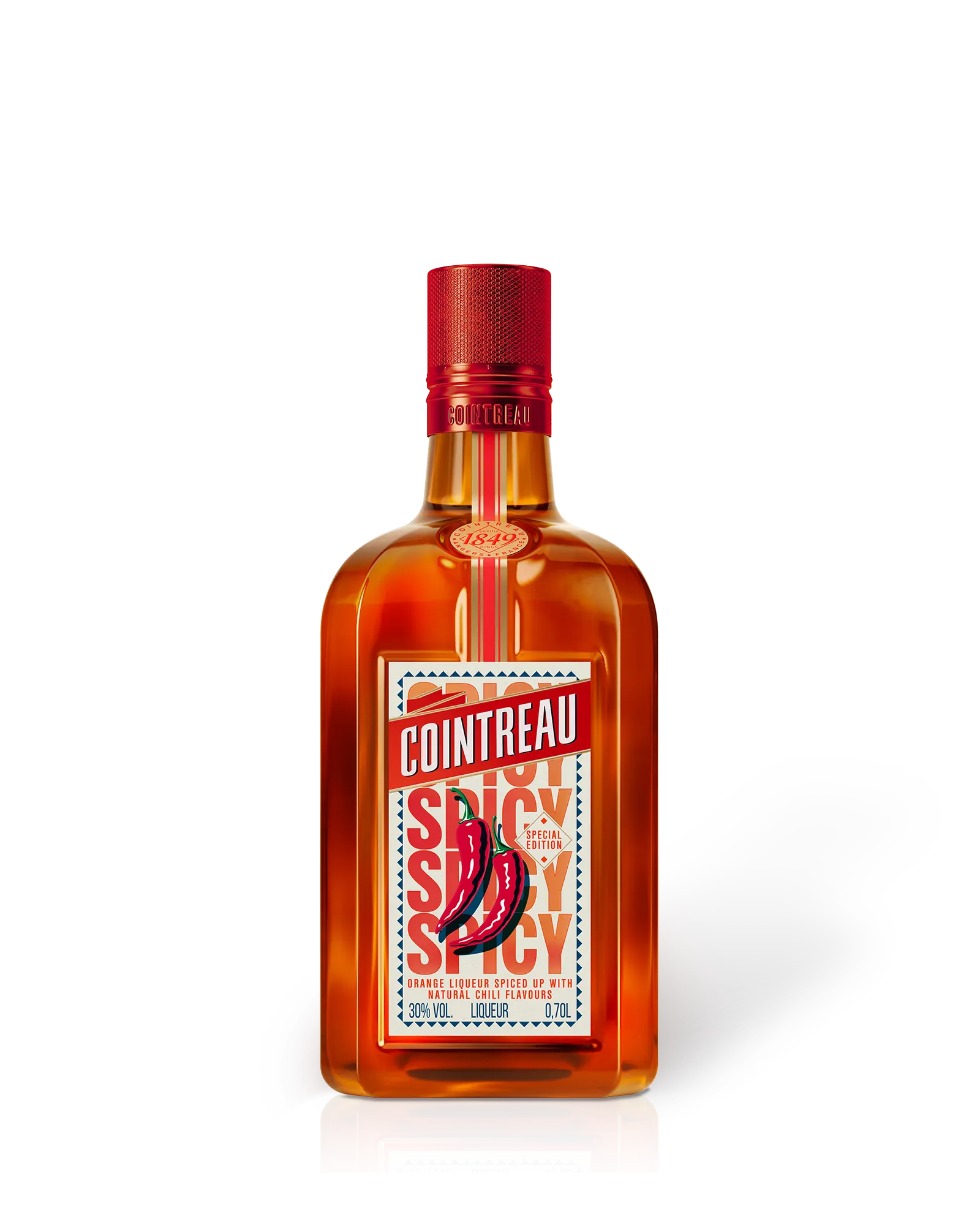 A bottle of Cointreau Spicy on a white background