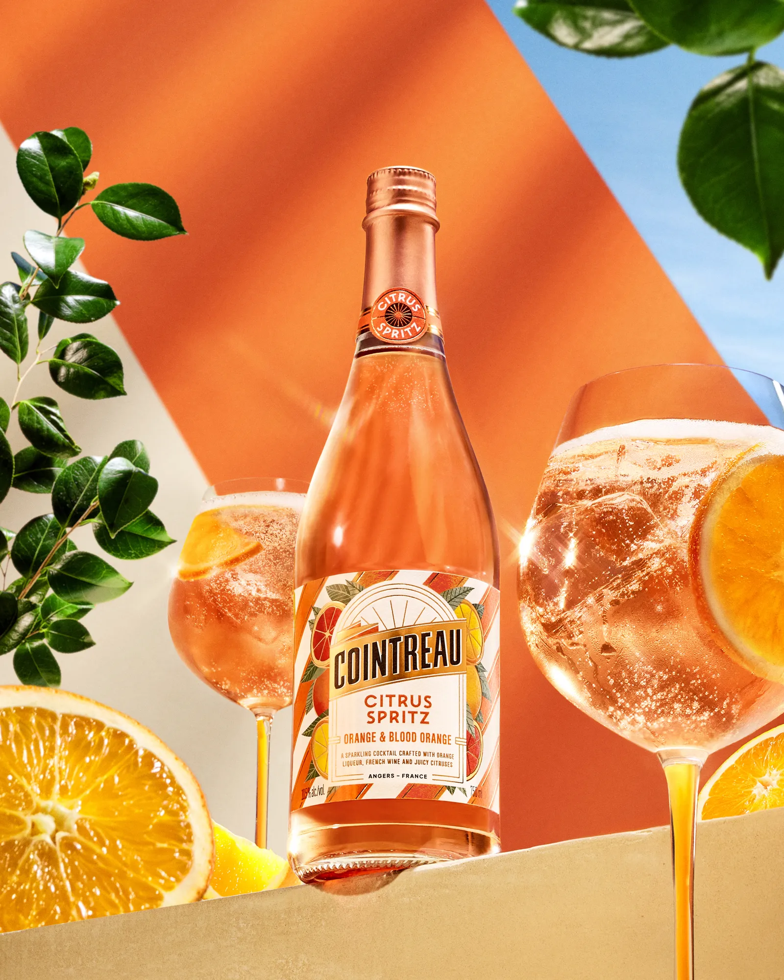 Cointreau Citrus Spritz bottle and two spritz glasses with orange slices and green leaves