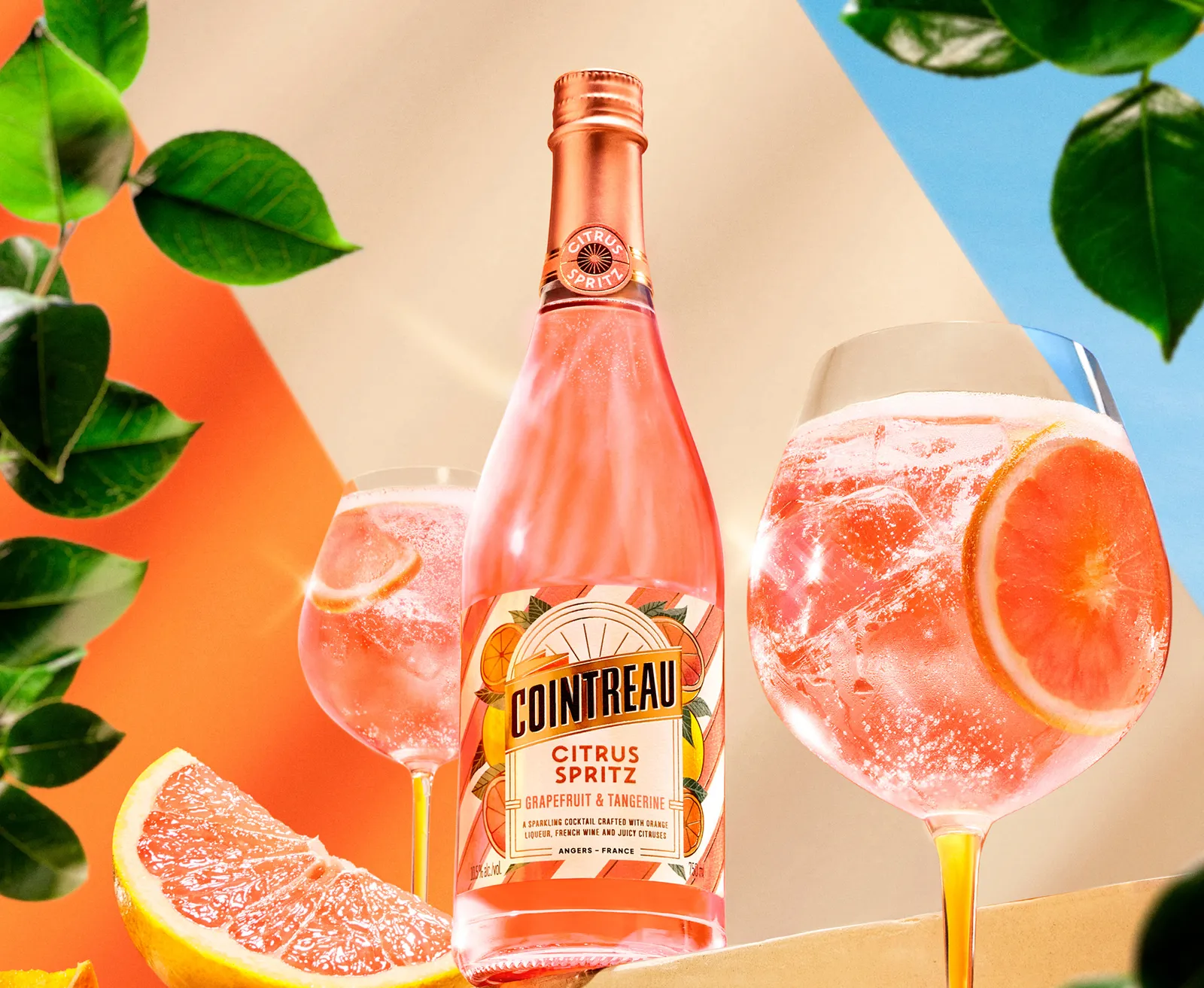 Cointreau Citrus Spritz bottle with grapefruit cocktails, fresh citrus and leaves on bright backdrop