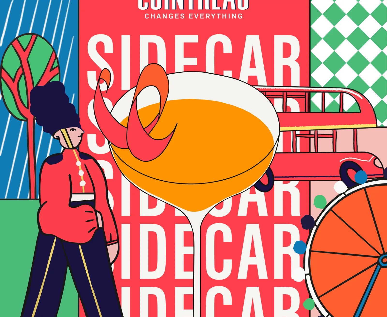 A vibrant illustration showcasing a Sidecar cocktail next to a details reminiscent of London