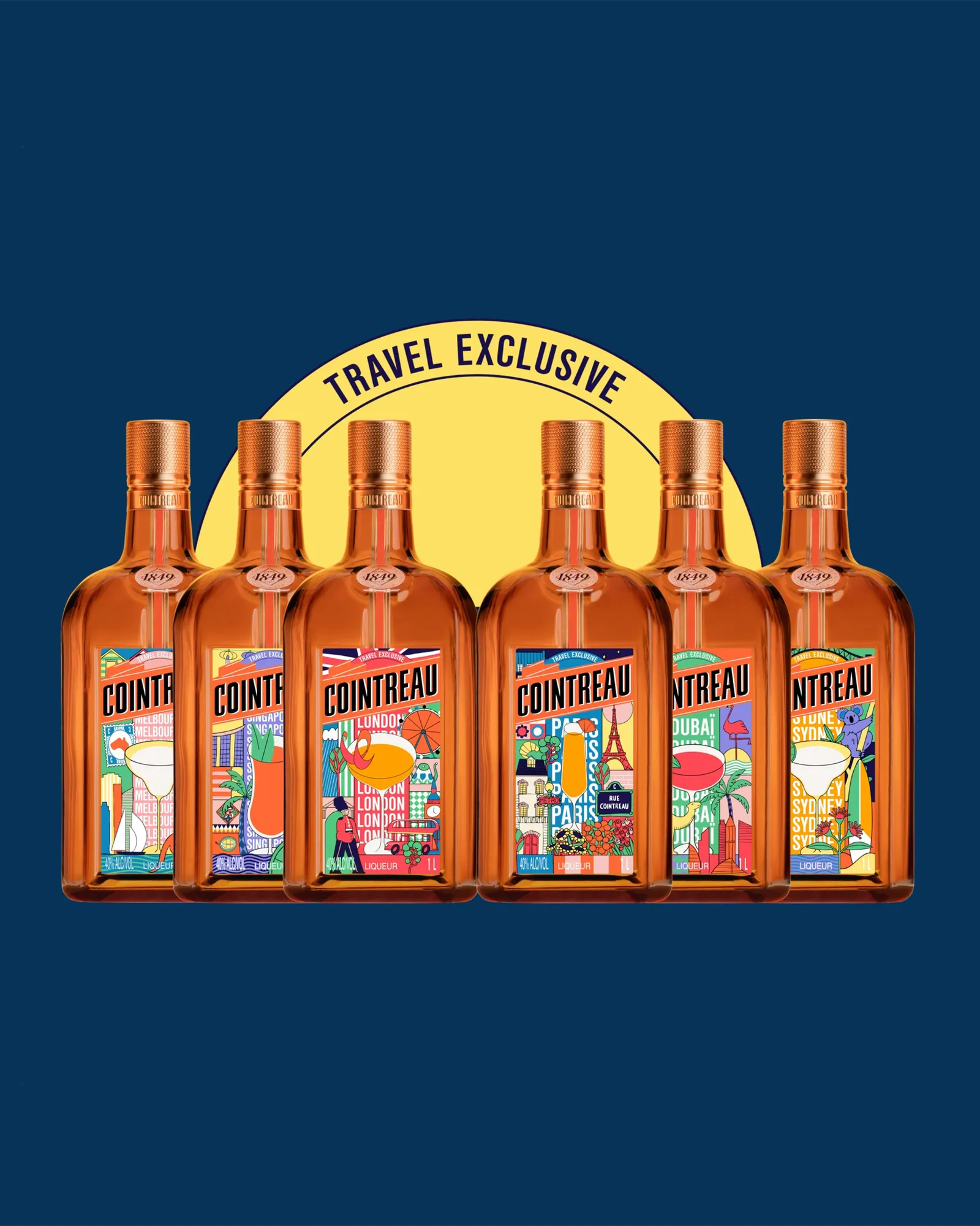 6 colorful decorated bottles of Cointreau’s Key Cities Limited Edition in front of a dark blue background