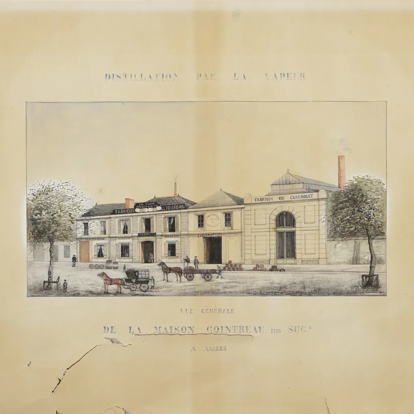 Historic illustration of the Cointreau distillery in Angers, France, featuring horse-drawn carriages and people gathered outside the building