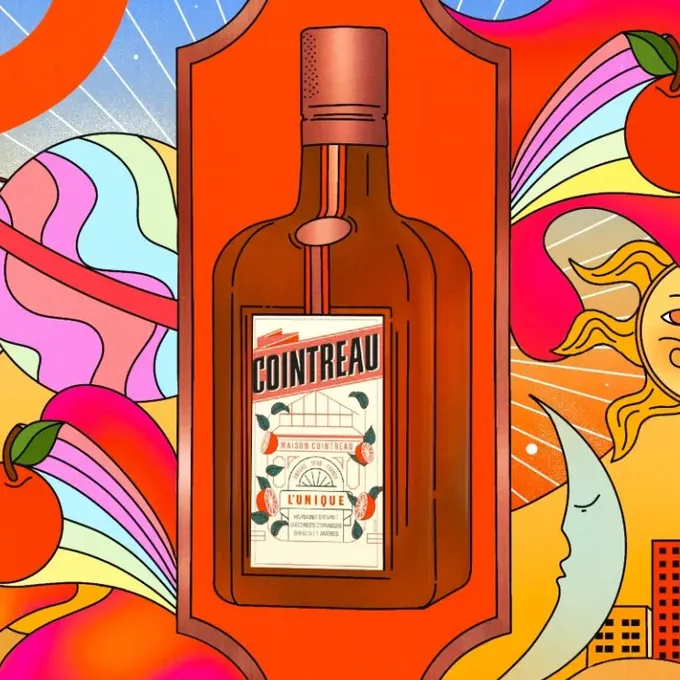 A coloful illustration of a Cointreau bottle with oranges, the sun and moon in rainbow colors