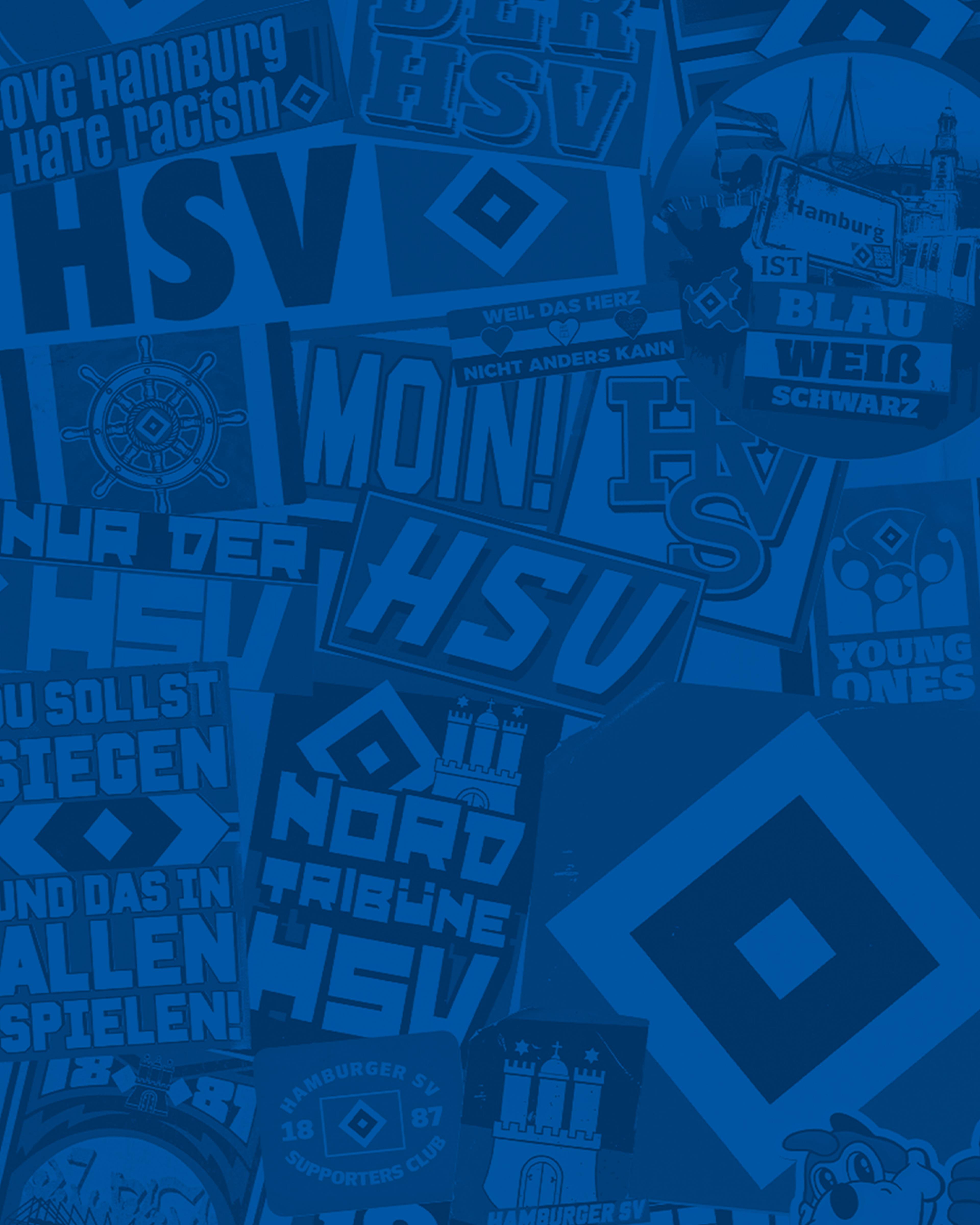 Collage of HSV-themed images, slogans, and logos in blue and white, featuring phrases like "LOVE HAMBURG HATE RACISM" and "NUR DER HSV."