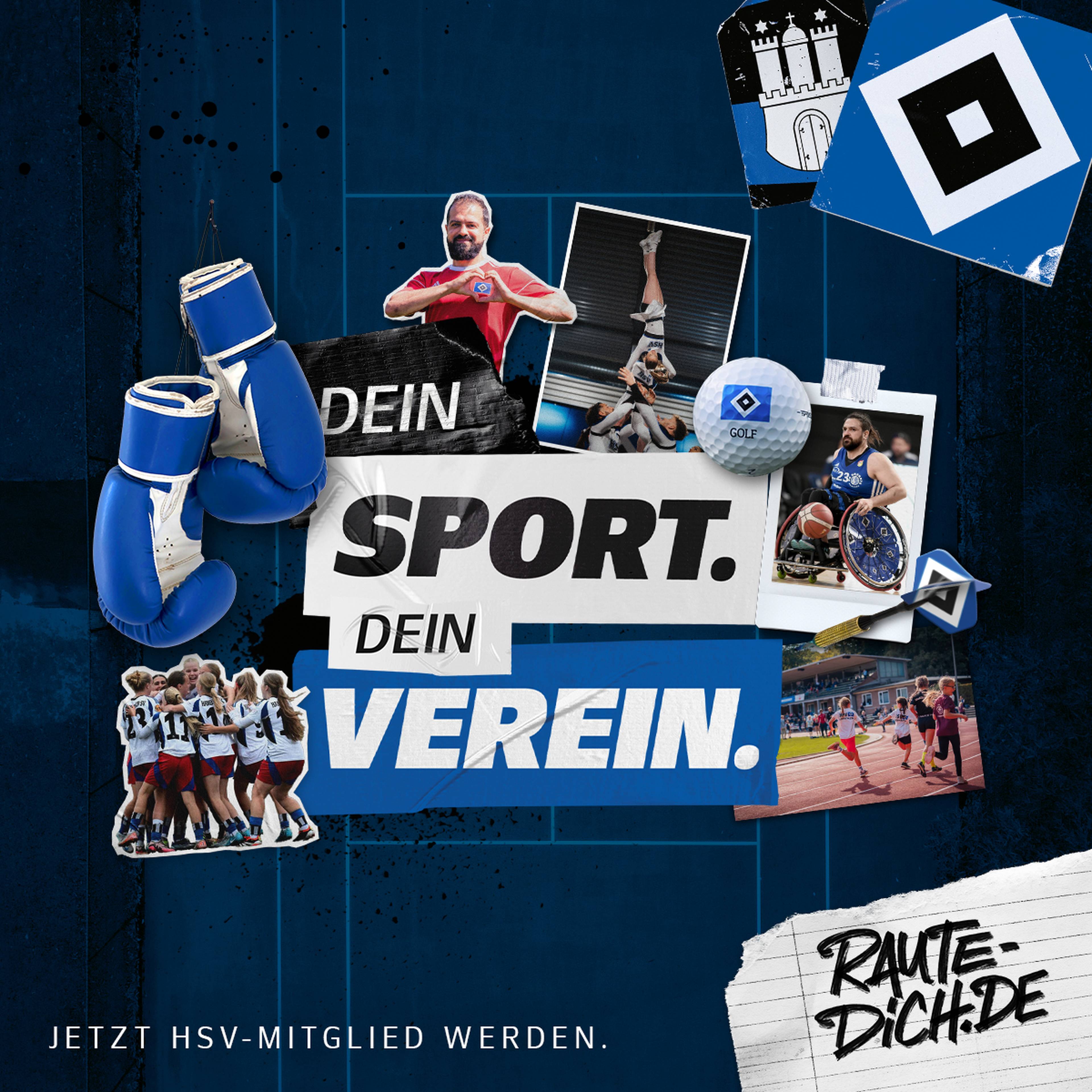 Collage of sports images with text "Dein Sport. Dein Verein." and items like boxing gloves, golf ball, and photos of athletes.