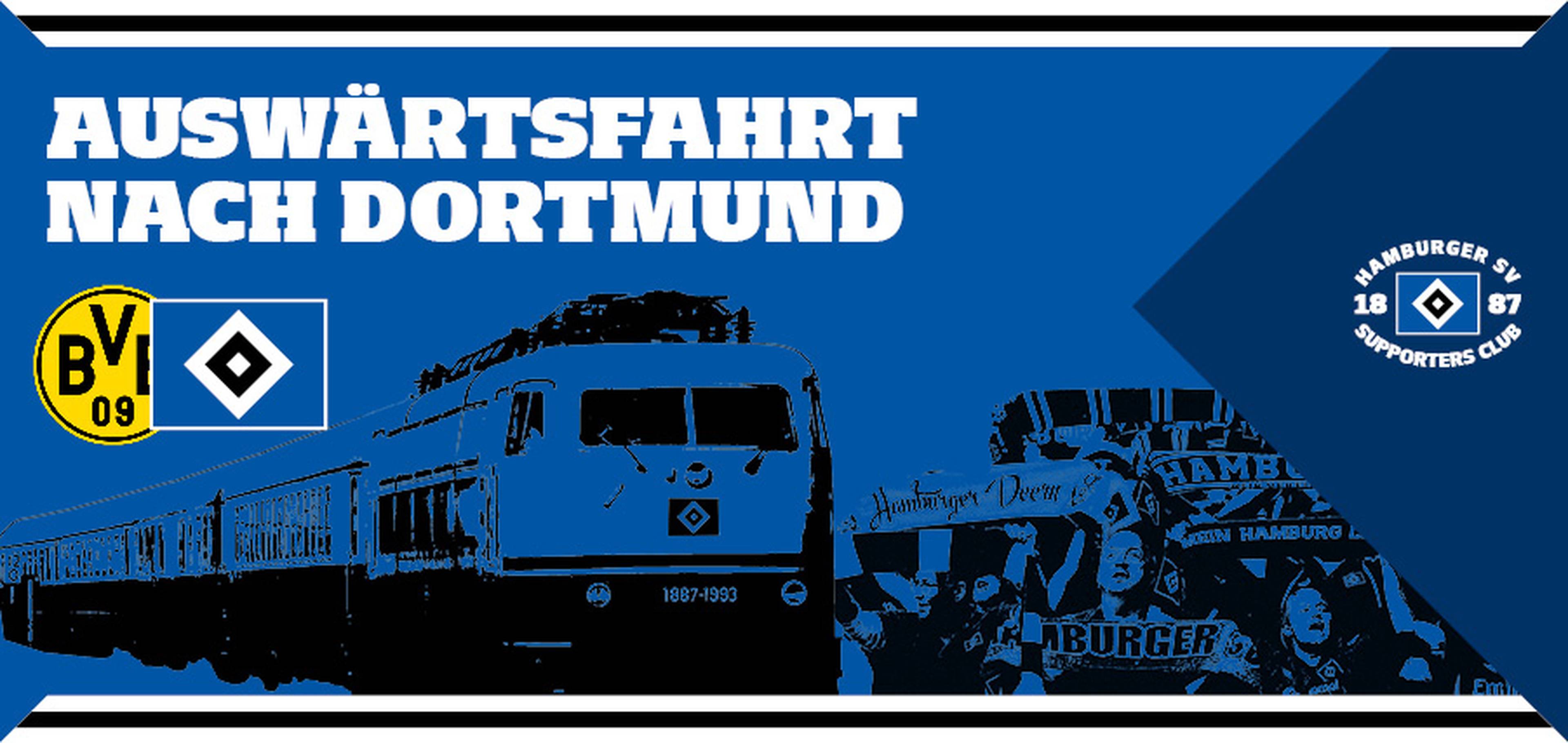 Blue banner with a train and cheering fans, featuring "Auswärtsfahrt nach Dortmund," and logos of Borussia Dortmund and Hamburger SV.