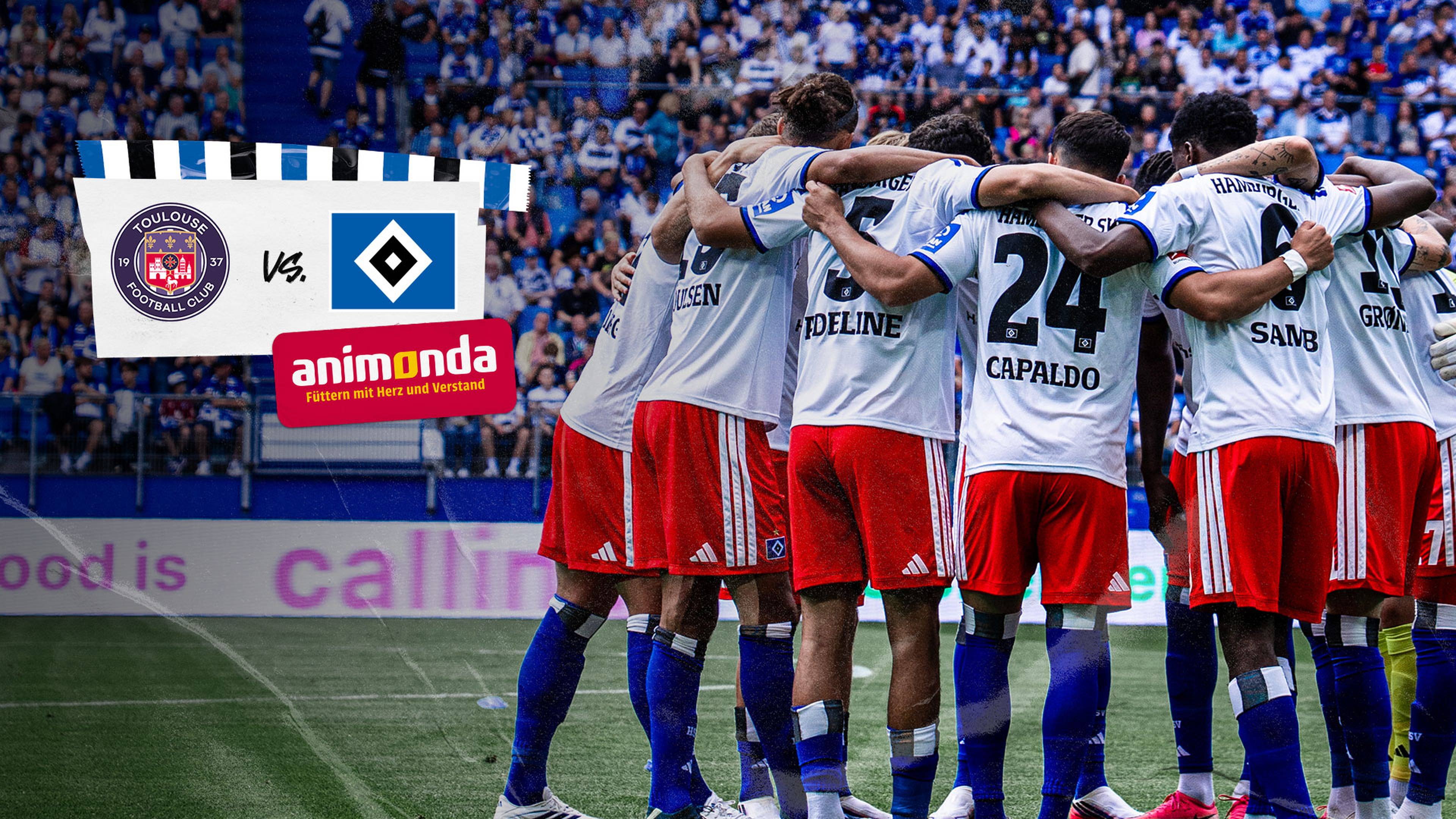 Testspiel-Grafik mit Mannschaft und Logos der Clubs.