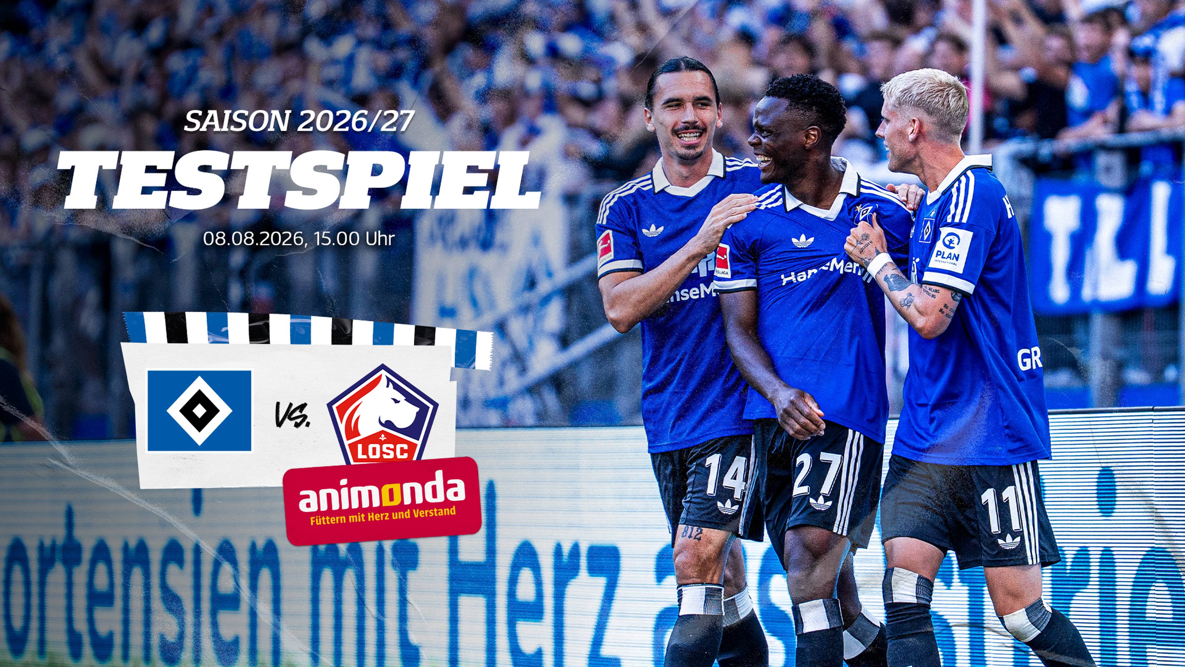 Eine Grafik auf der rechts drei HSV-Spieler zu sehen sind. Links steht ein Infotext zum Livestream des Testspiels HSV gegen LOSC.