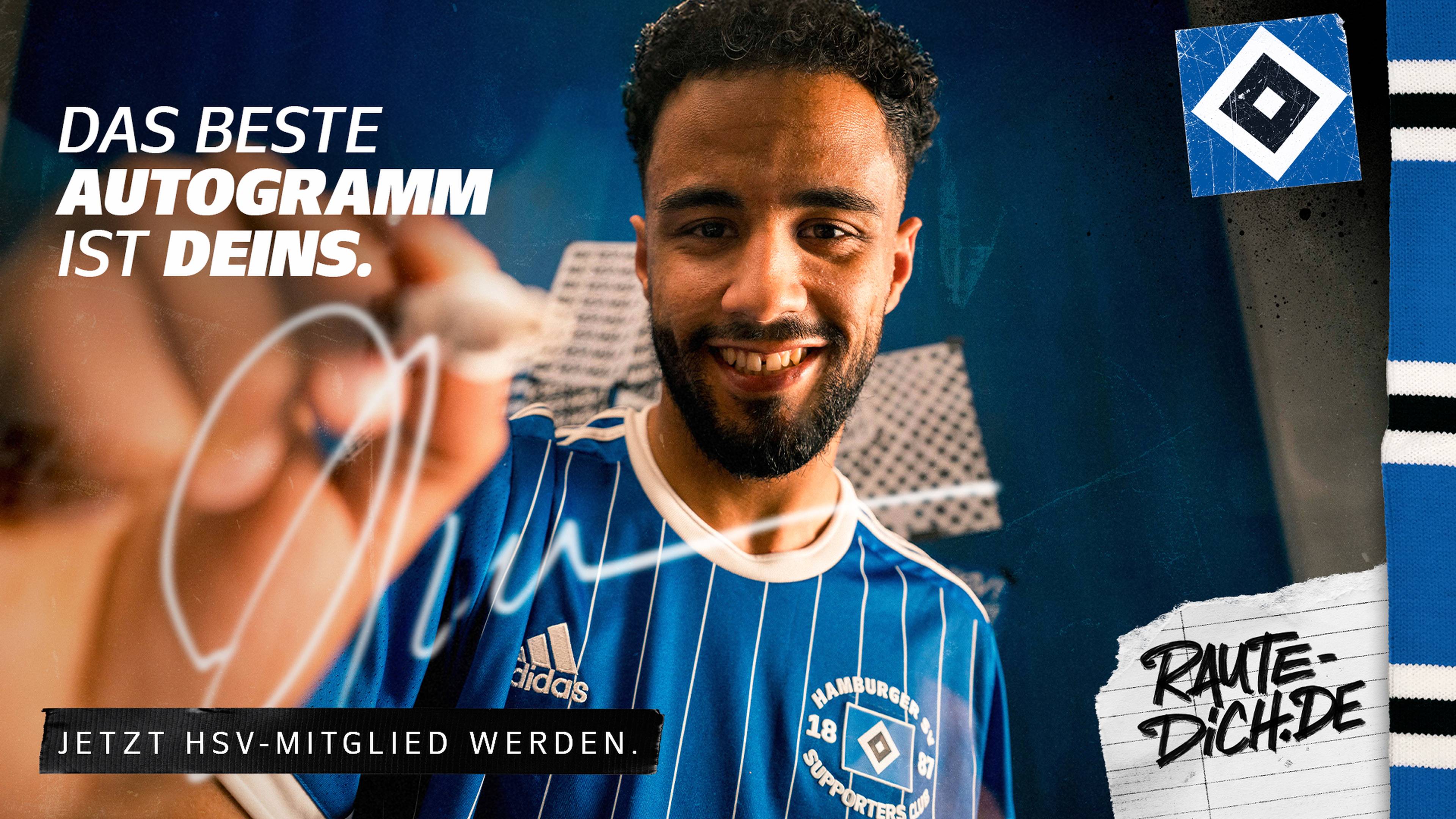 Smiling man in an HSV jersey signing an autograph; text reads "Das beste Autogramm ist deins." and "Jetzt HSV-Mitglied werden."