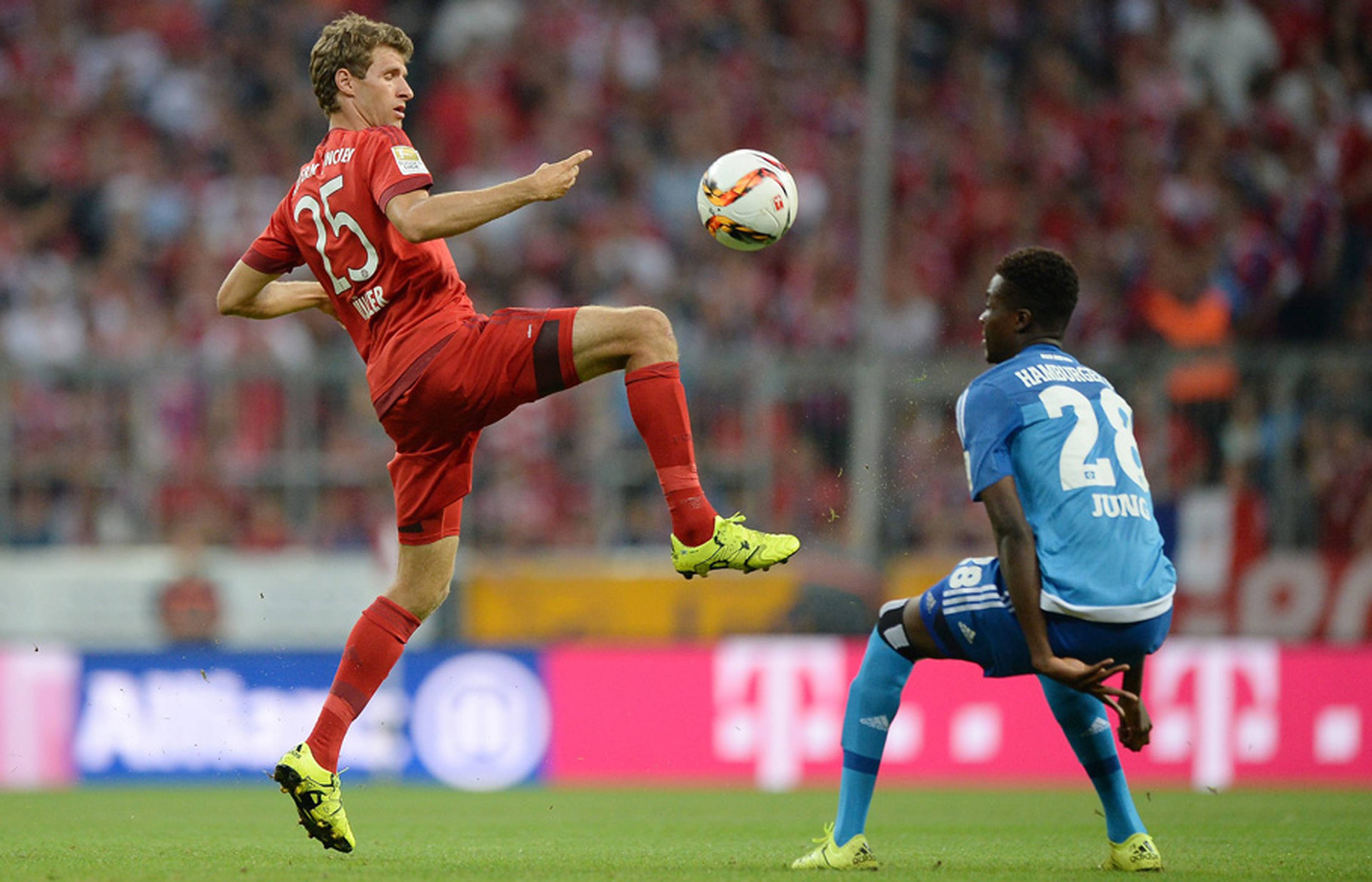 Thomas Müller and Gideon in action on the opening day of last season.