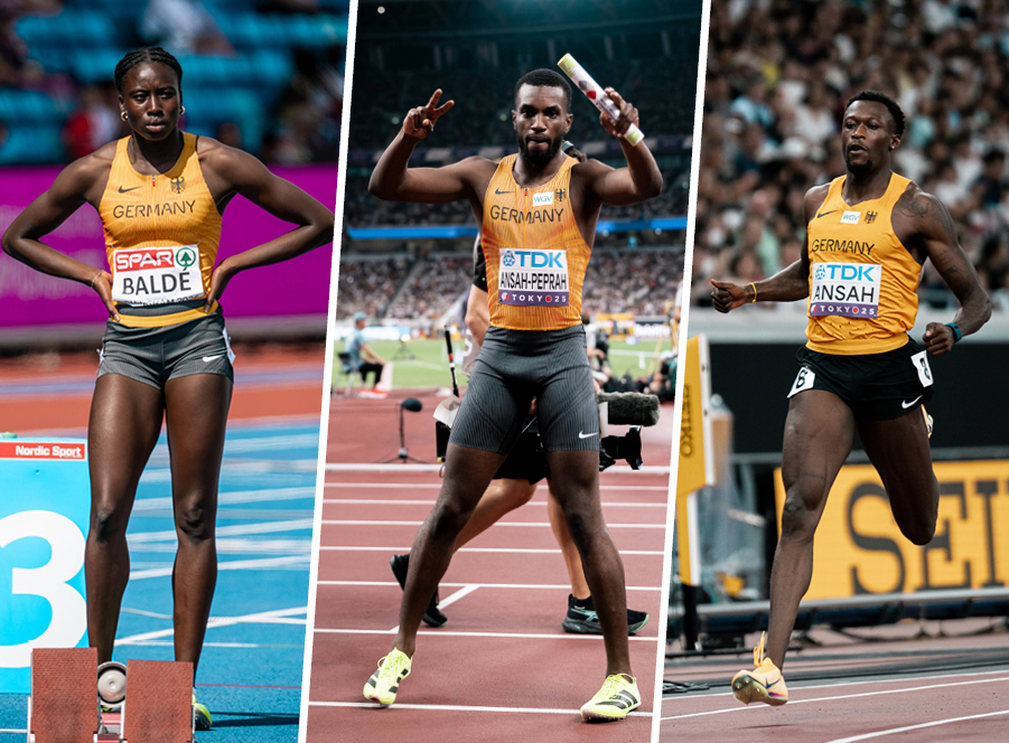 Three athletes in German track and field uniforms at a competition, standing and running on the track with a baton and numbered bibs.