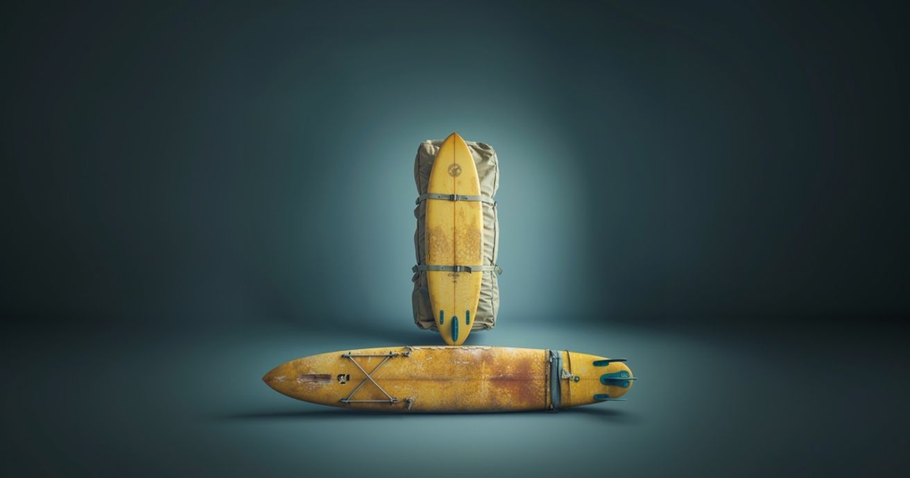 two yellow surfboards one standing upright attached to a beige backpack and one lying flat on the ground against a dark gradient background