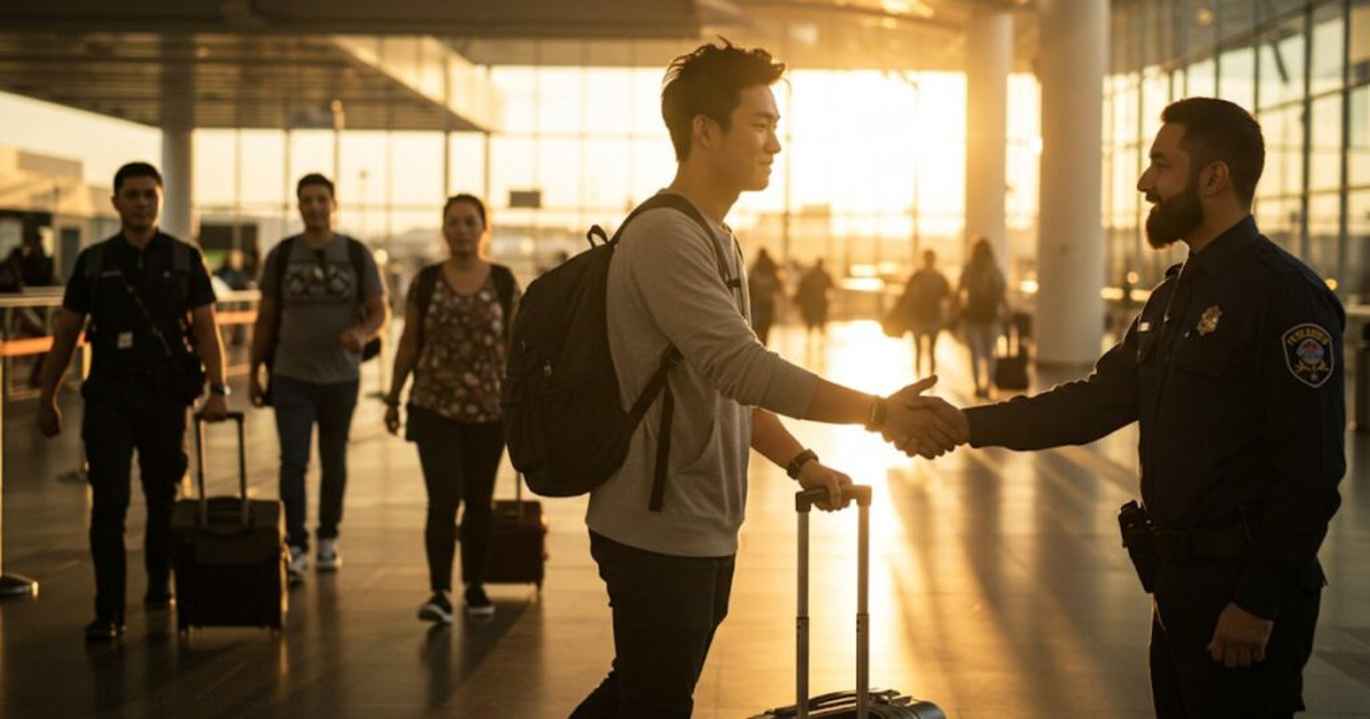 Personnes se serrant la main dans un hall d'aéroport, avec des passagers en arrière-plan et lumière du soleil.