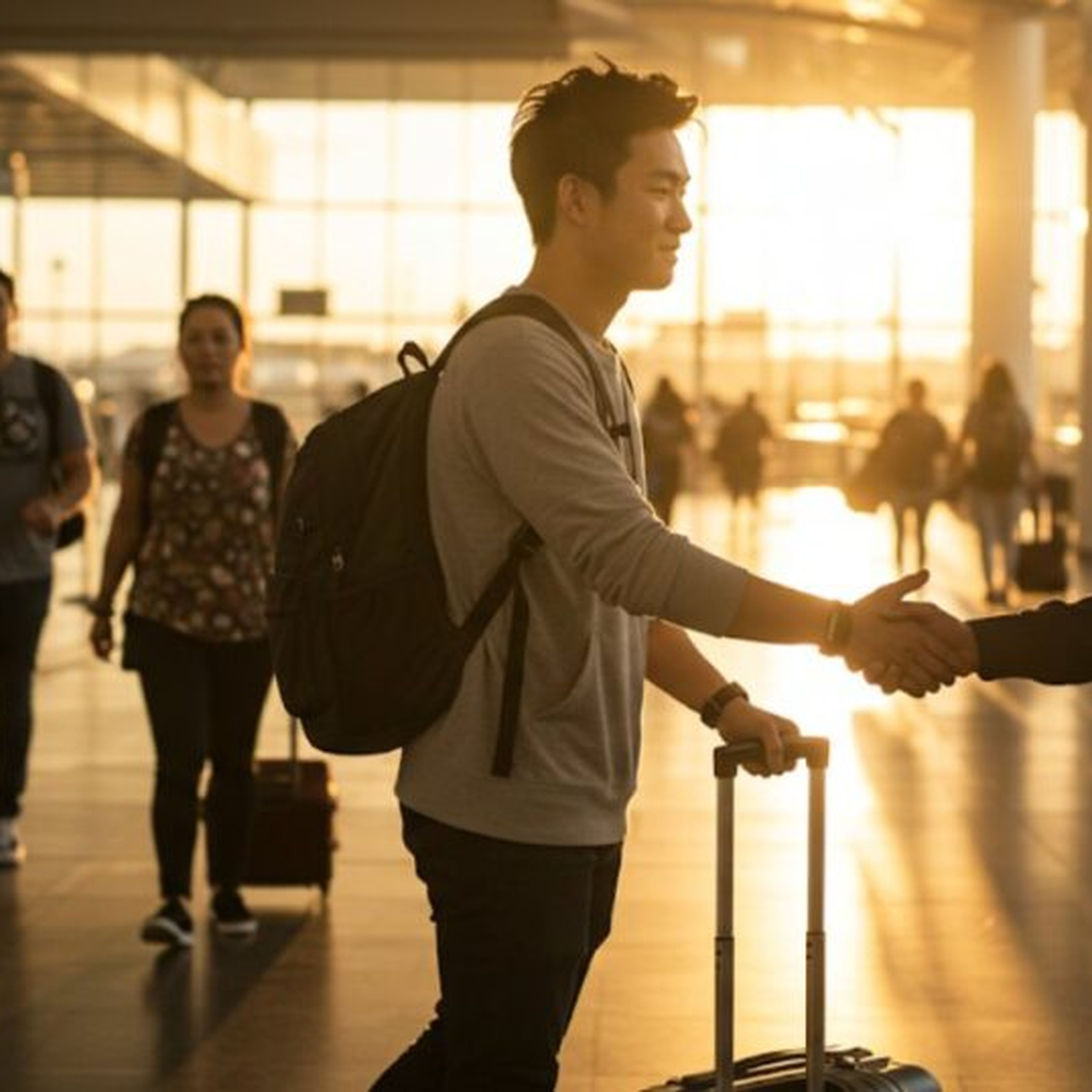 Personnes se serrant la main dans un hall d'aéroport, avec des passagers en arrière-plan et lumière du soleil.