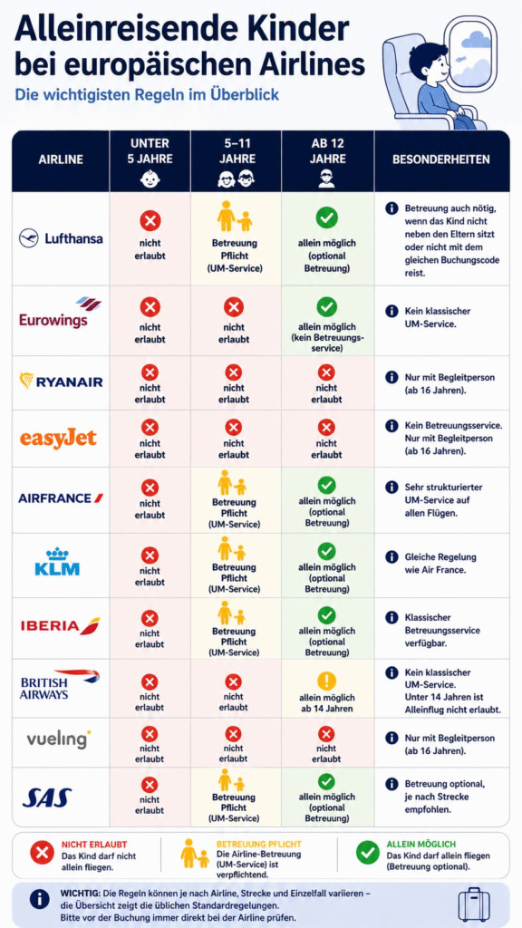 Grafik_KinderAlleineReisen Airline Übersicht ab welchem Alter Kinder alleine fliegen dürfen