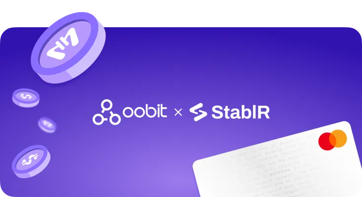 Visual graphic showing the StablR and Oobit logos side-by-side with the headline “StablR x Oobit: Crypto Payments Reinvented.” The background includes icons of Euro and Dollar stablecoins, a smartphone Tap & Pay illustration, and a stylized map of Europe emphasizing the partnership’s regional focus.