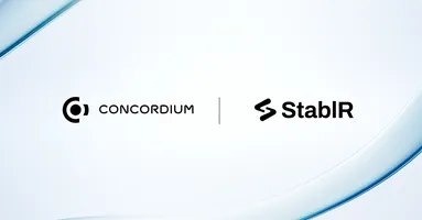 Concordium and StablR logos side by side on a clean, minimal background with flowing blue curves, symbolizing their partnership to bring MiCA-aligned EURR and USDR stablecoins to Concordium’s PayFi network.