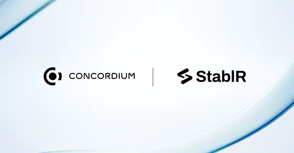 Concordium and StablR logos side by side on a clean, minimal background with flowing blue curves, symbolizing their partnership to bring MiCA-aligned EURR and USDR stablecoins to Concordium’s PayFi network.