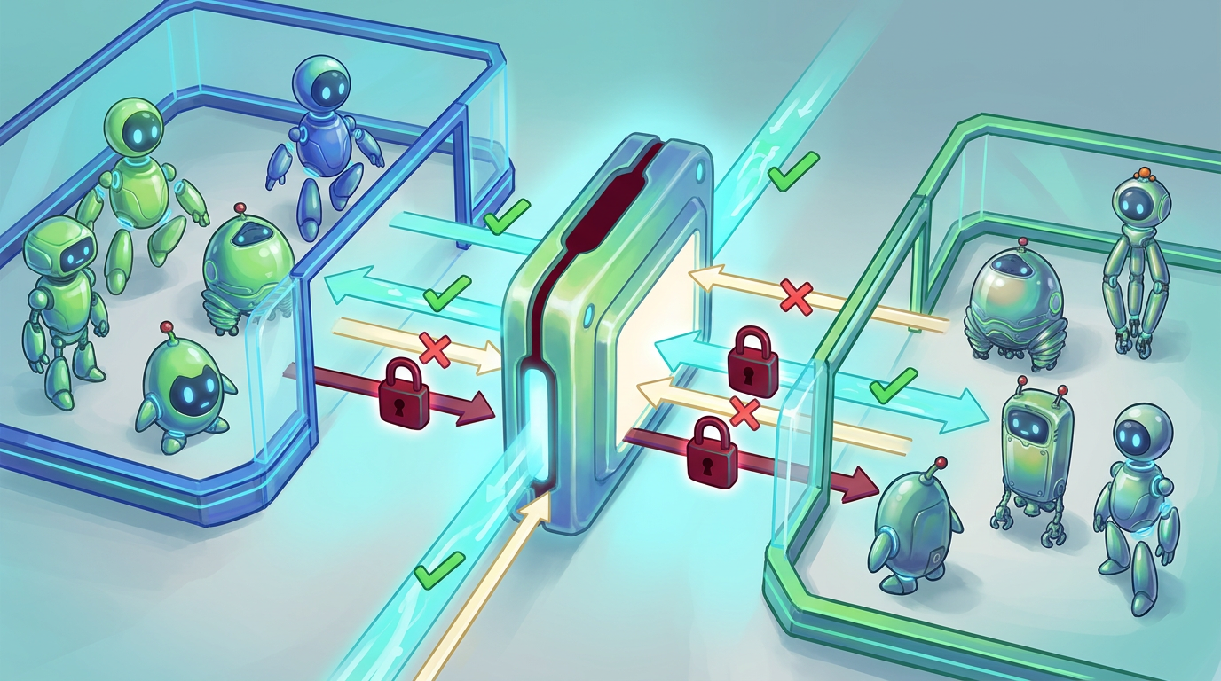 Two separate organizations with their own agents and a central permission layer mediating cross-organization interaction.