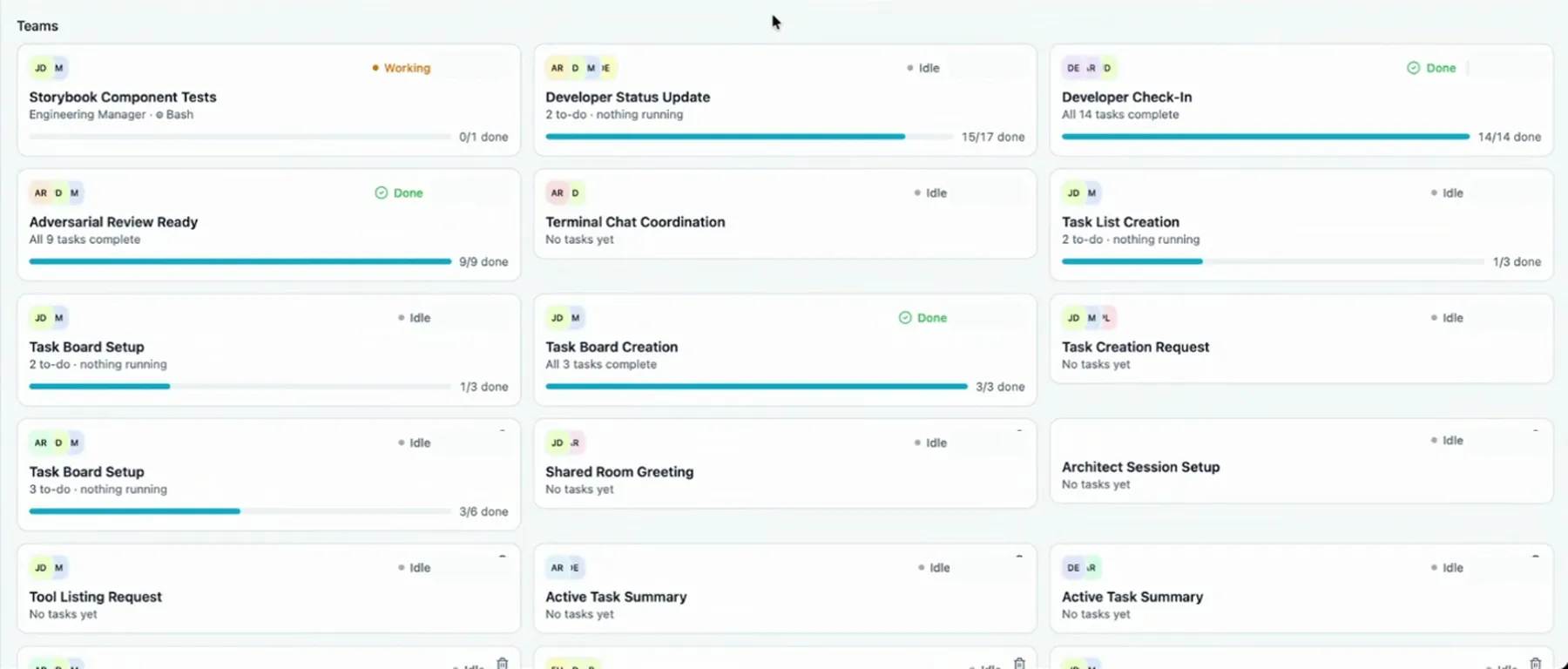 Jam team overview showing coding-agent teams, owners, task counts, progress, and status.