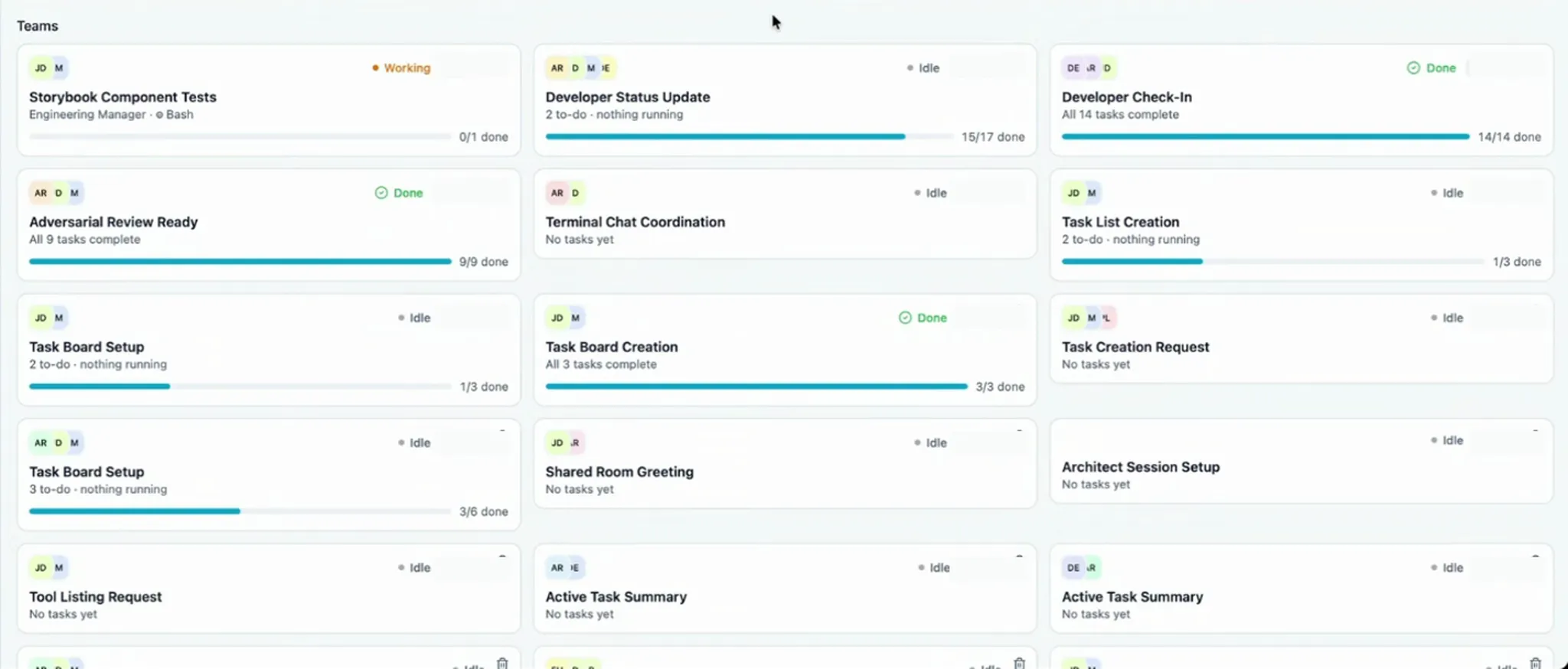 Jam team overview showing coding-agent teams, owners, task counts, progress, and status.