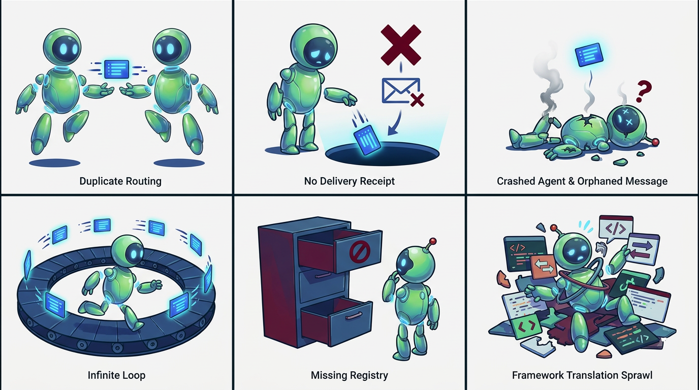 Six compact scenes showing duplicate routing, no delivery receipt, crashed agent, infinite loop, missing registry, and framework translation sprawl.