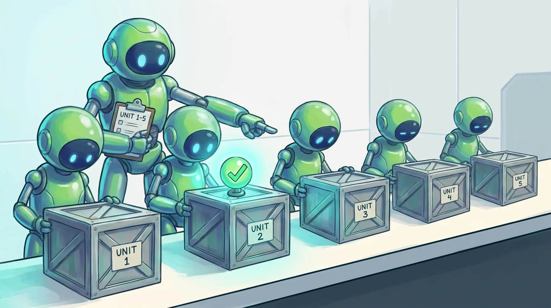 BAND robots each working on a separate numbered crate while a lead robot with a clipboard points at the next unit