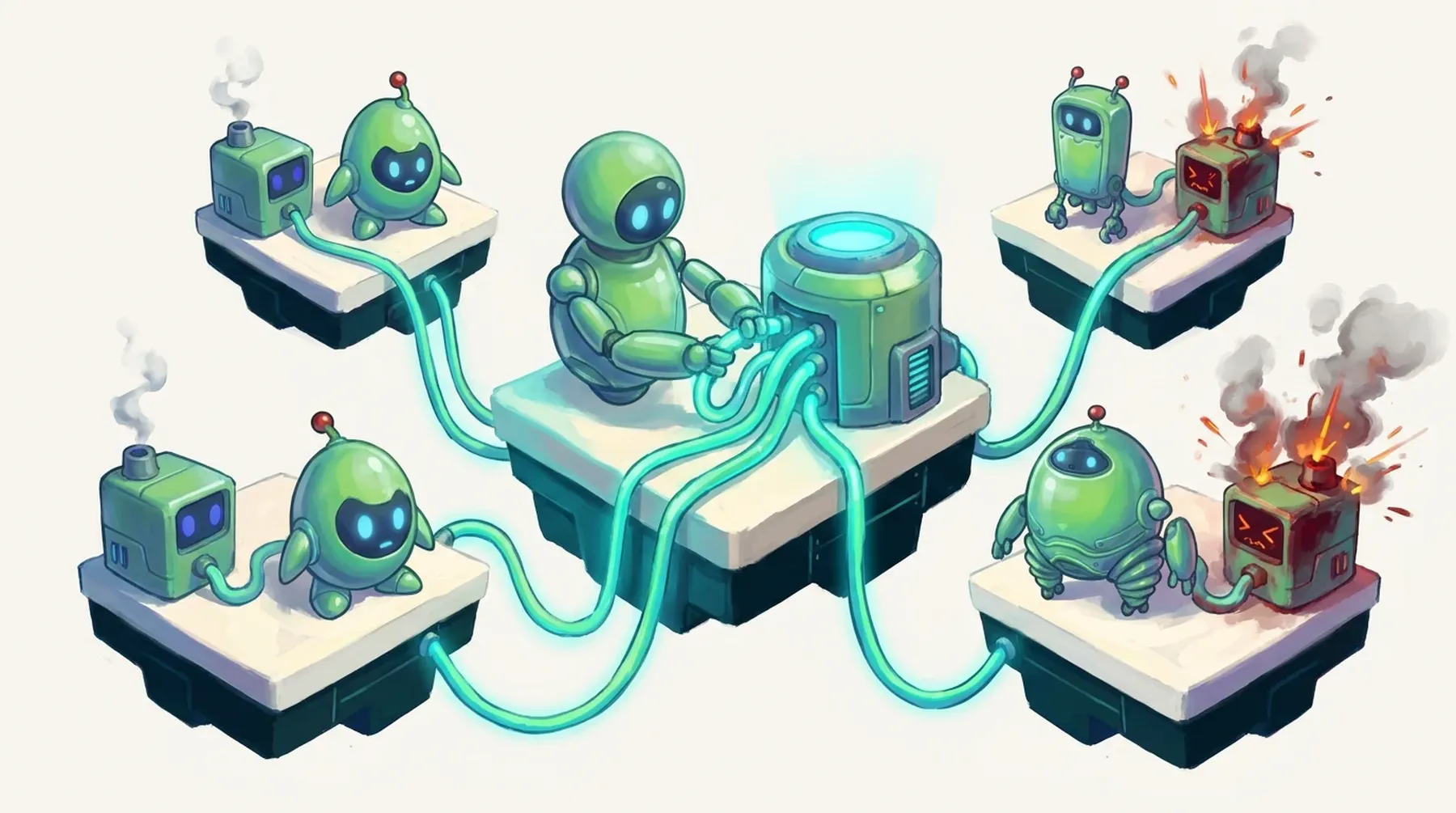 Illustration of green BAND mascot robots each stranded on their own platform with an idle or overloaded power generator, while one robot connects every platform to a single shared power line.