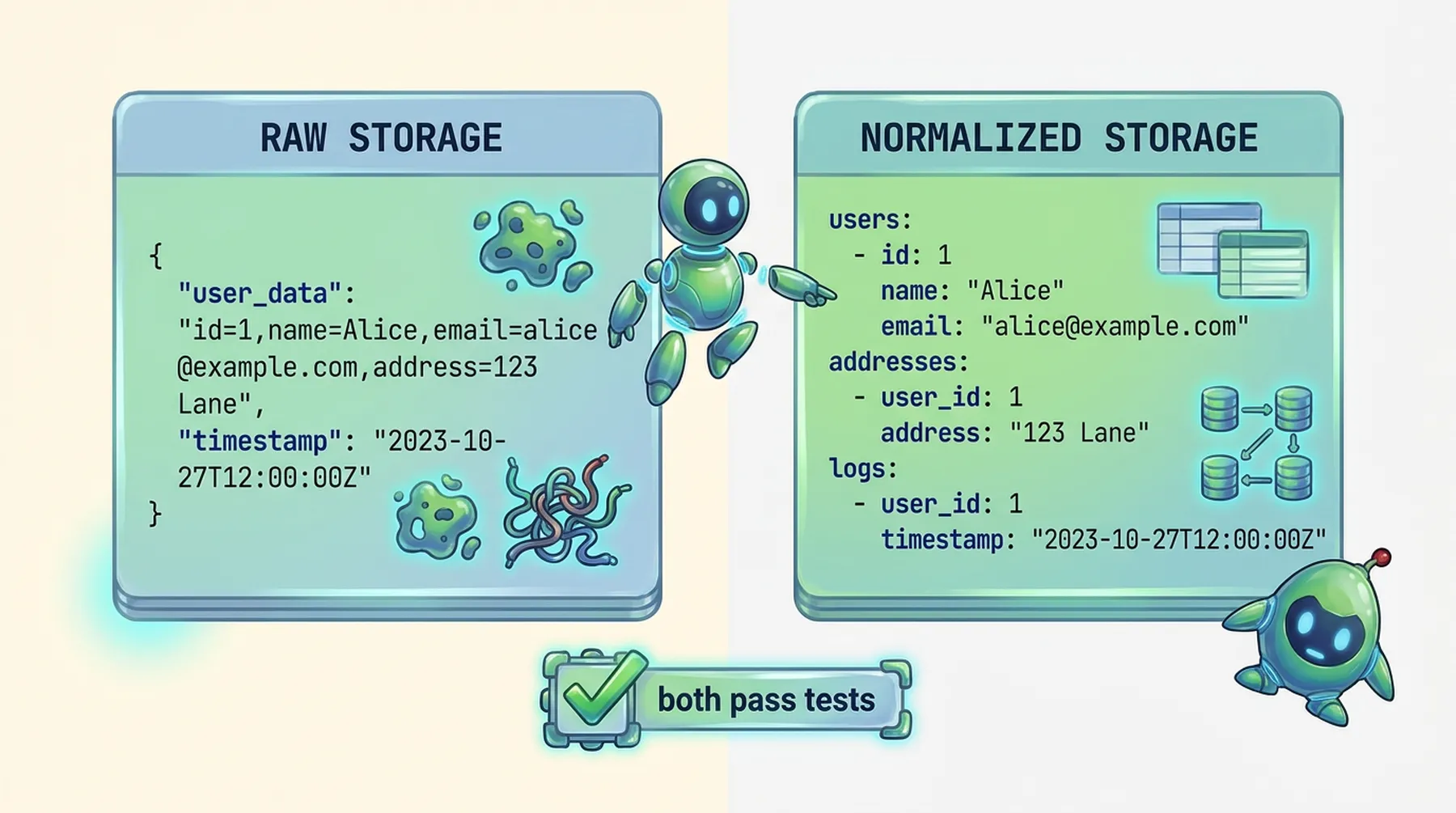Two stylized code cards side by side - one labelled 'Raw Storage', the other 'Normalized Storage' - with a green 'both pass tests' badge underneath. Two valid implementations of the same task.