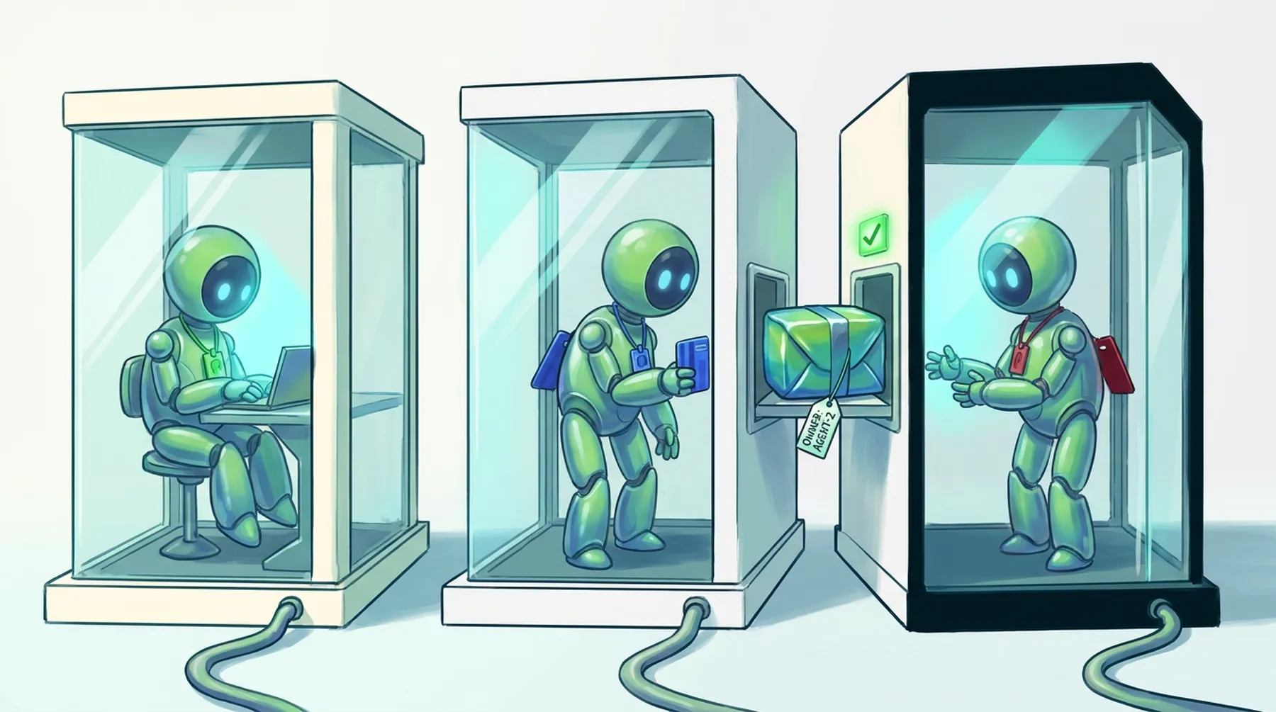 Three robots in separate glass booths, one passing a tagged parcel through a hatch to its neighbour