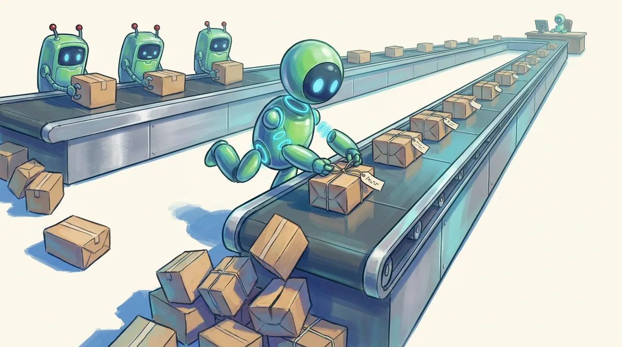 A robot tags parcels on a conveyor belt so each one reaches the reviewer's desk with an owner