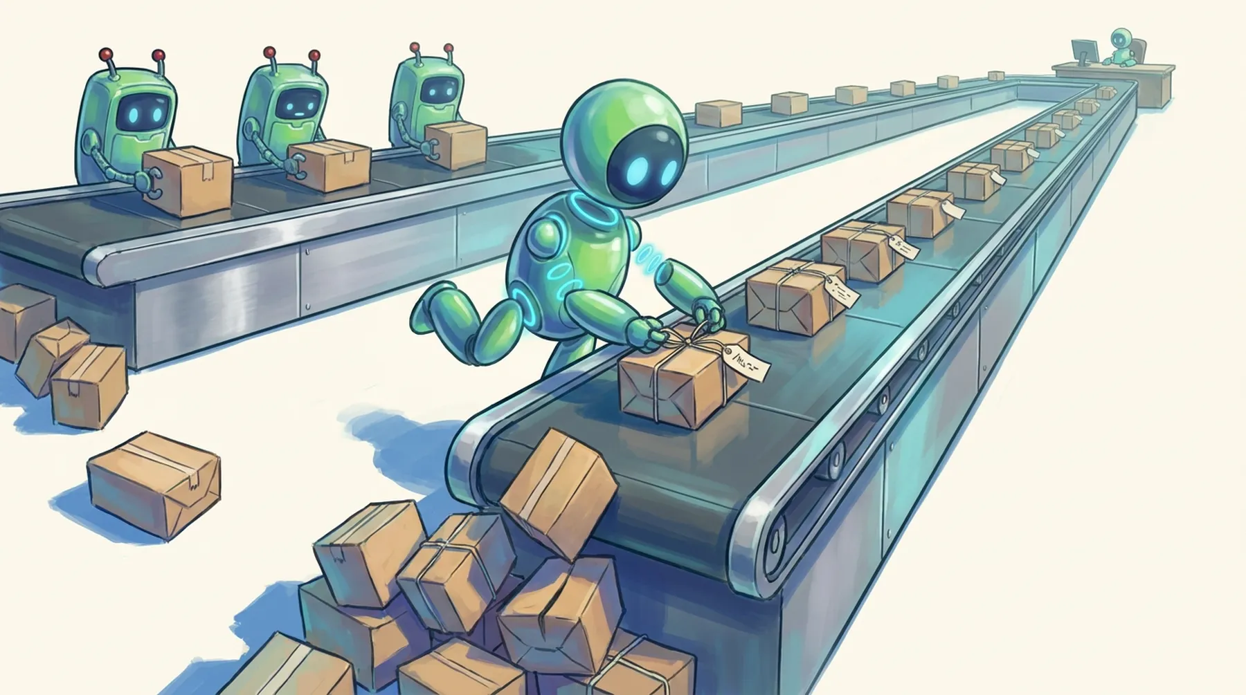 A robot tags parcels on a conveyor belt so each one reaches the reviewer's desk with an owner